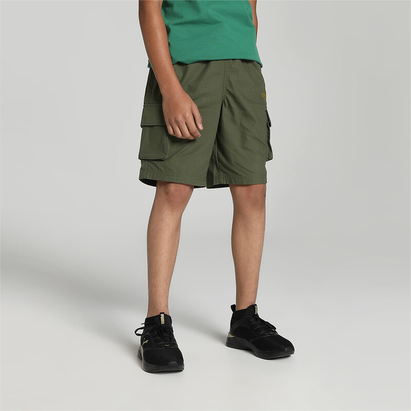 PUMA Cargo B Youth Regular Fit Cotton Shorts in Gray Green size 13 14Y