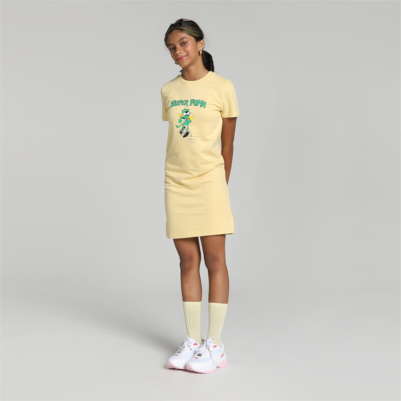 PUMA Super Girl's Graphic Regular Fit Dress in Light Straw size 11-12Y