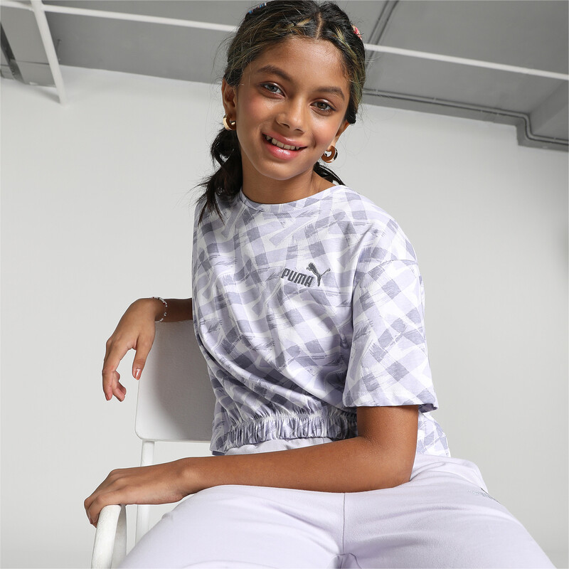 PUMA AOP Essential Fashion Youth Relaxed Fit Crew Neck T-shirt in Violet size 13-14Y