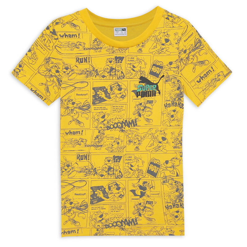 PUMA Super Printed Boy's Crew Neck Tee in Yellow size 9-10Y