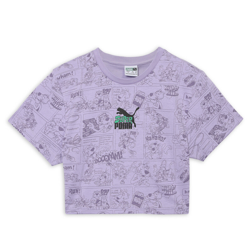 PUMA Super Printed Girl's T-shirt in Vivid Violet size 9-10Y