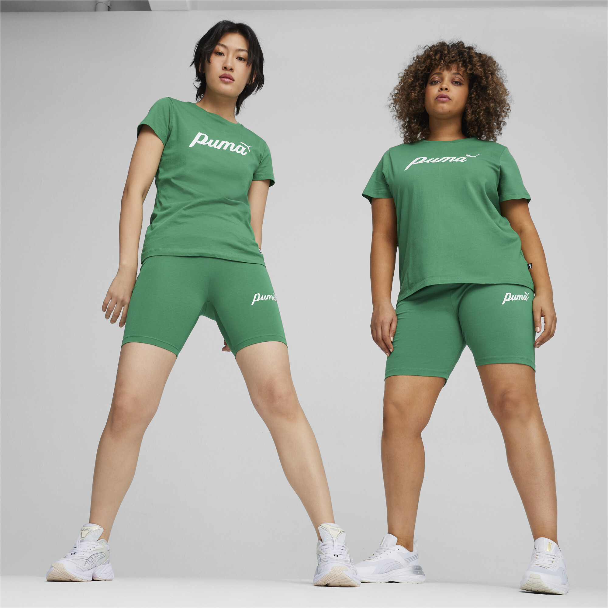 Women's PUMA ESS+ Script T-Shirt In 40 - Green, Size XS