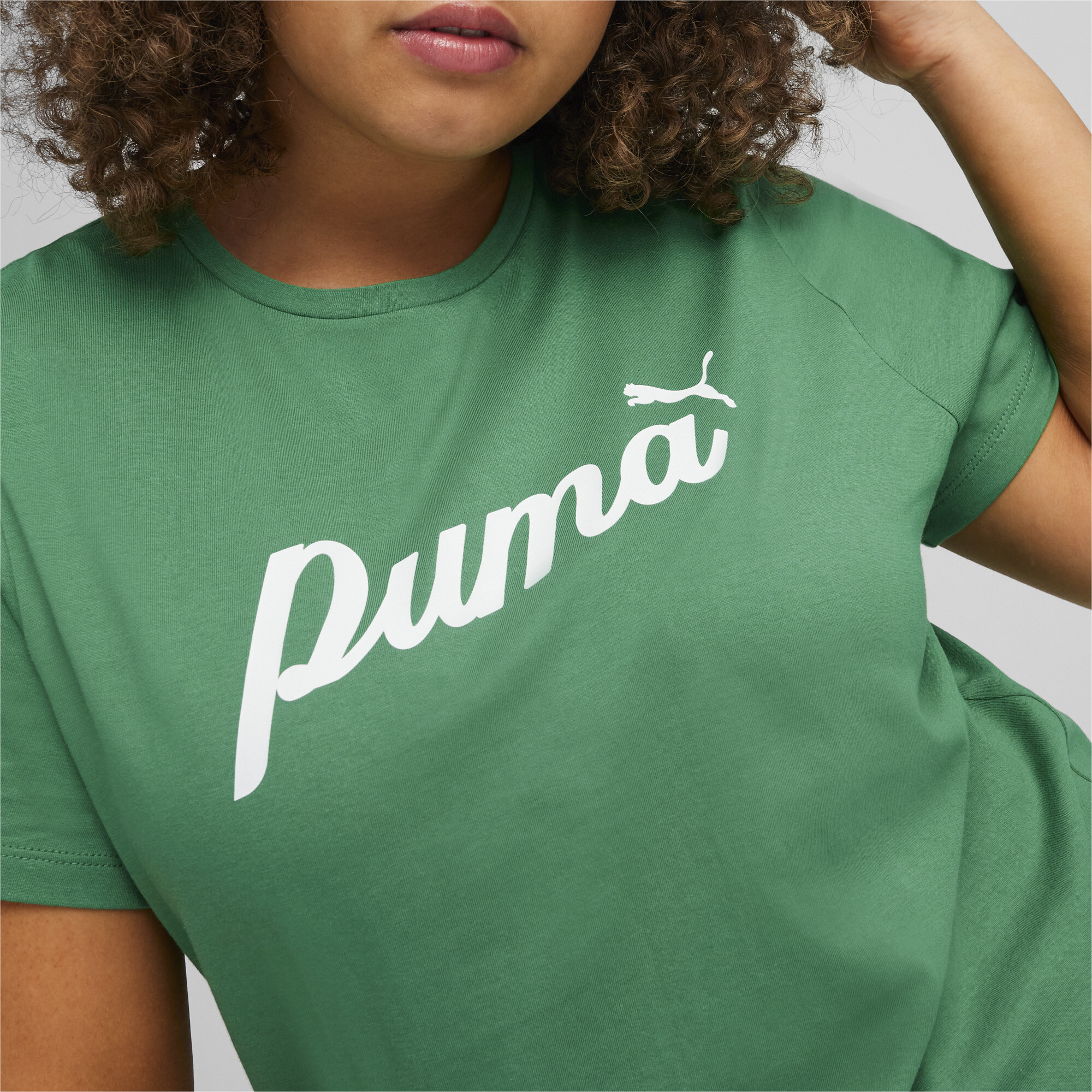 Women's PUMA ESS+ Script T-Shirt In 40 - Green, Size Small