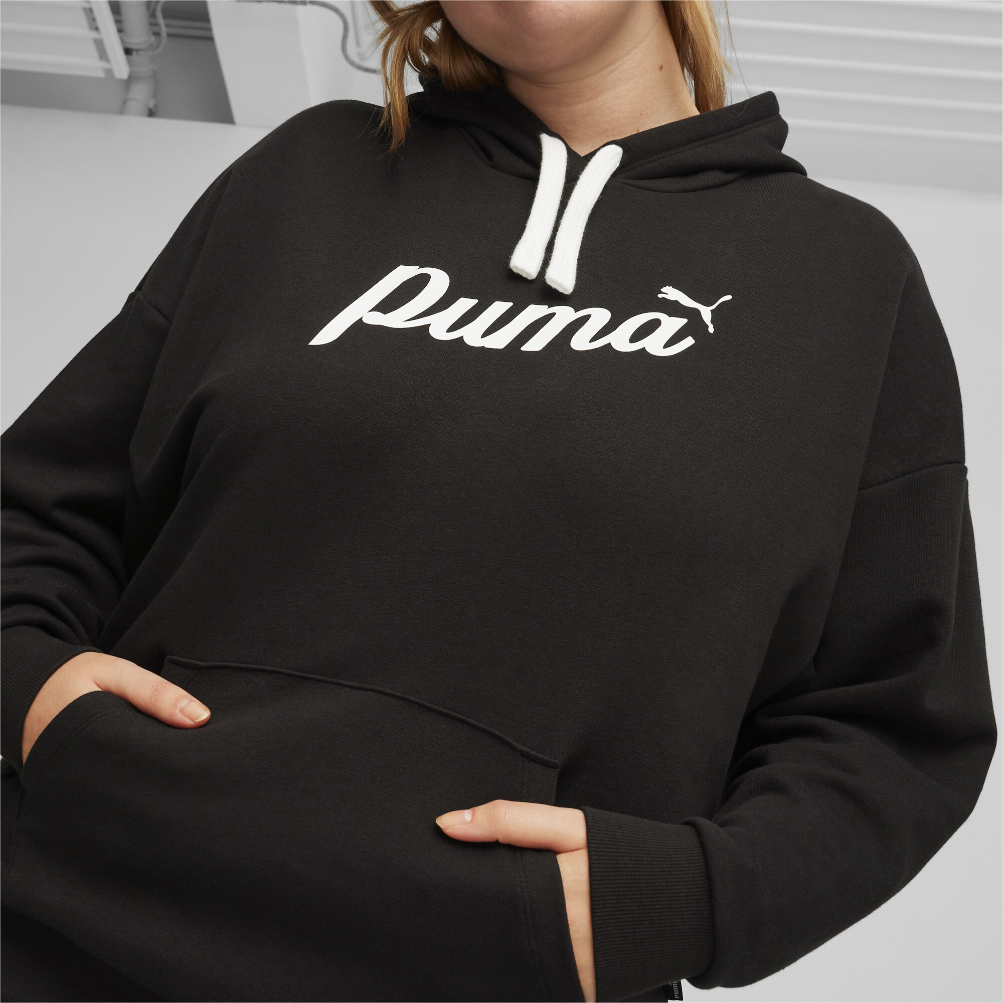 Women's PUMA ESS+ Script Hoodie In Black, Size XS