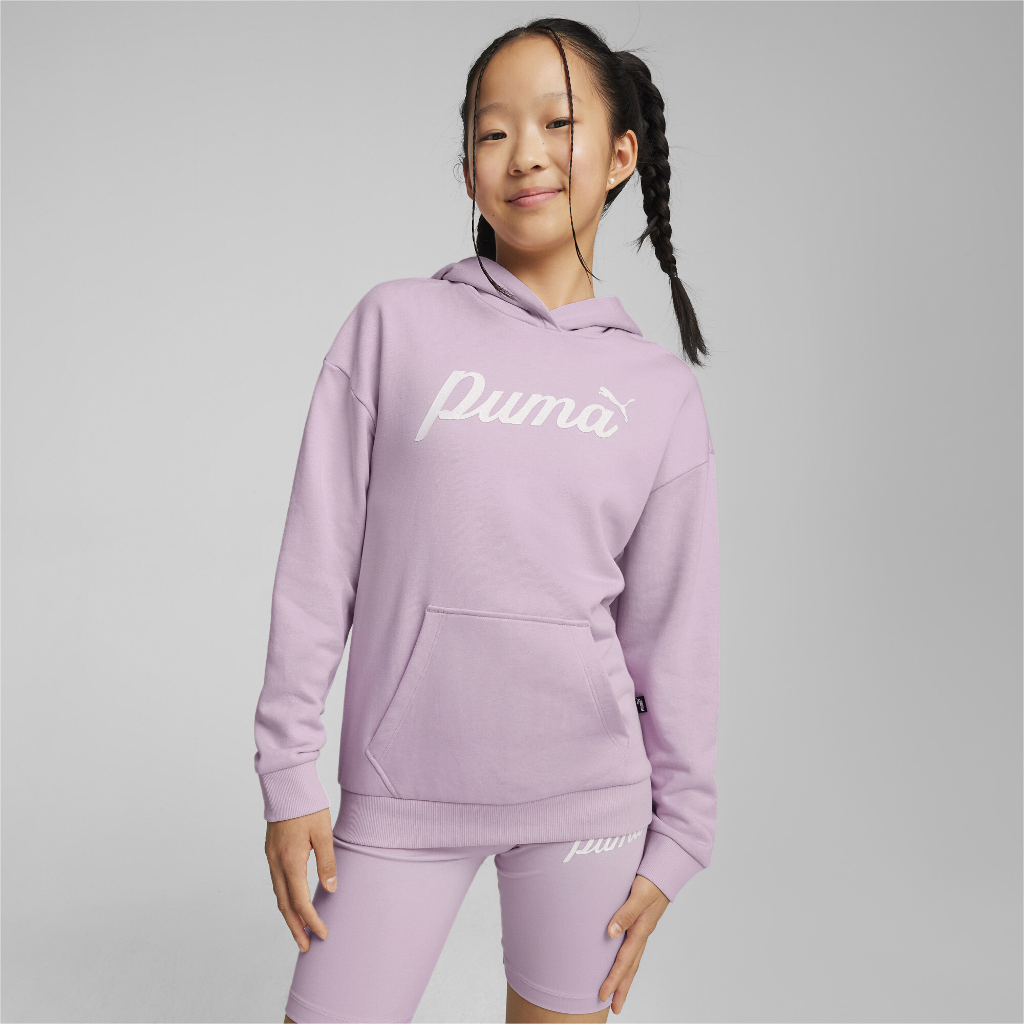 Women's Puma ESS+ Script Youth Hoodie, Purple, Size 9-10Y, Age