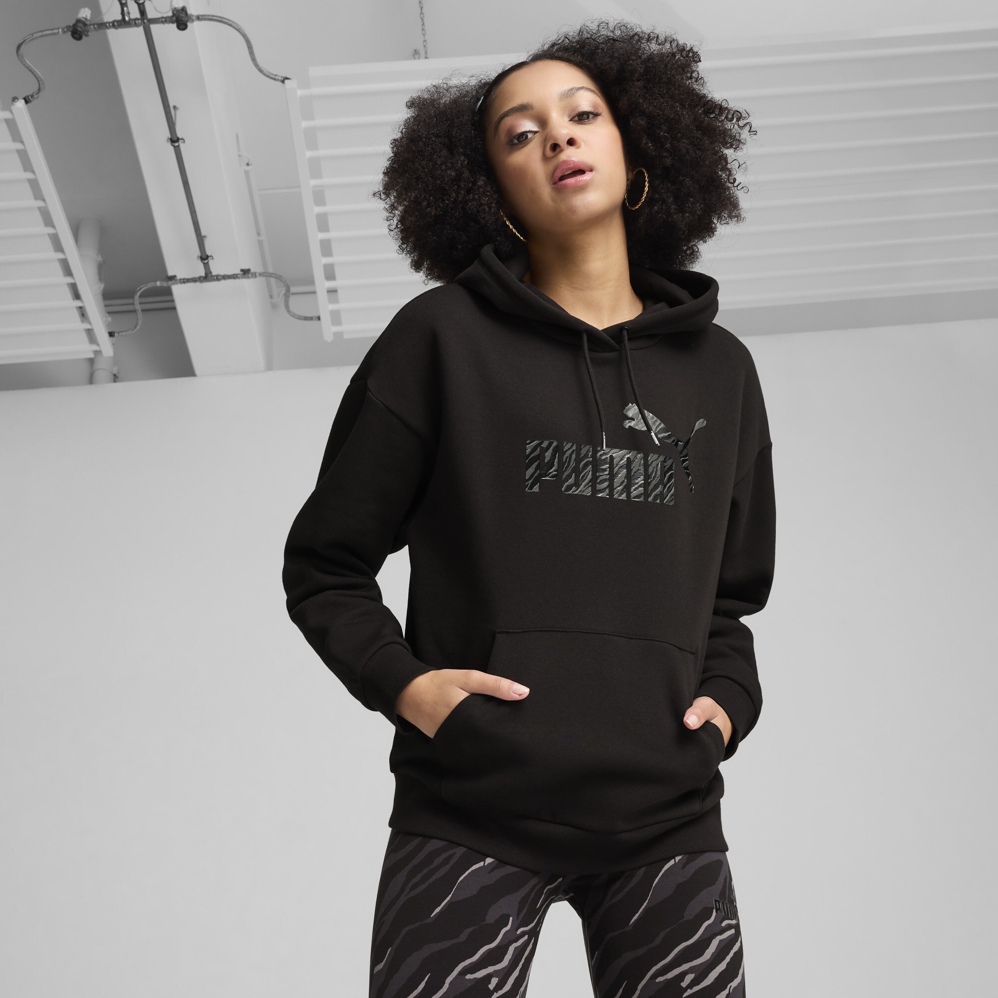 Women's Puma ESS+ ANIMAL Hoodie, Black, Size XS, Clothing