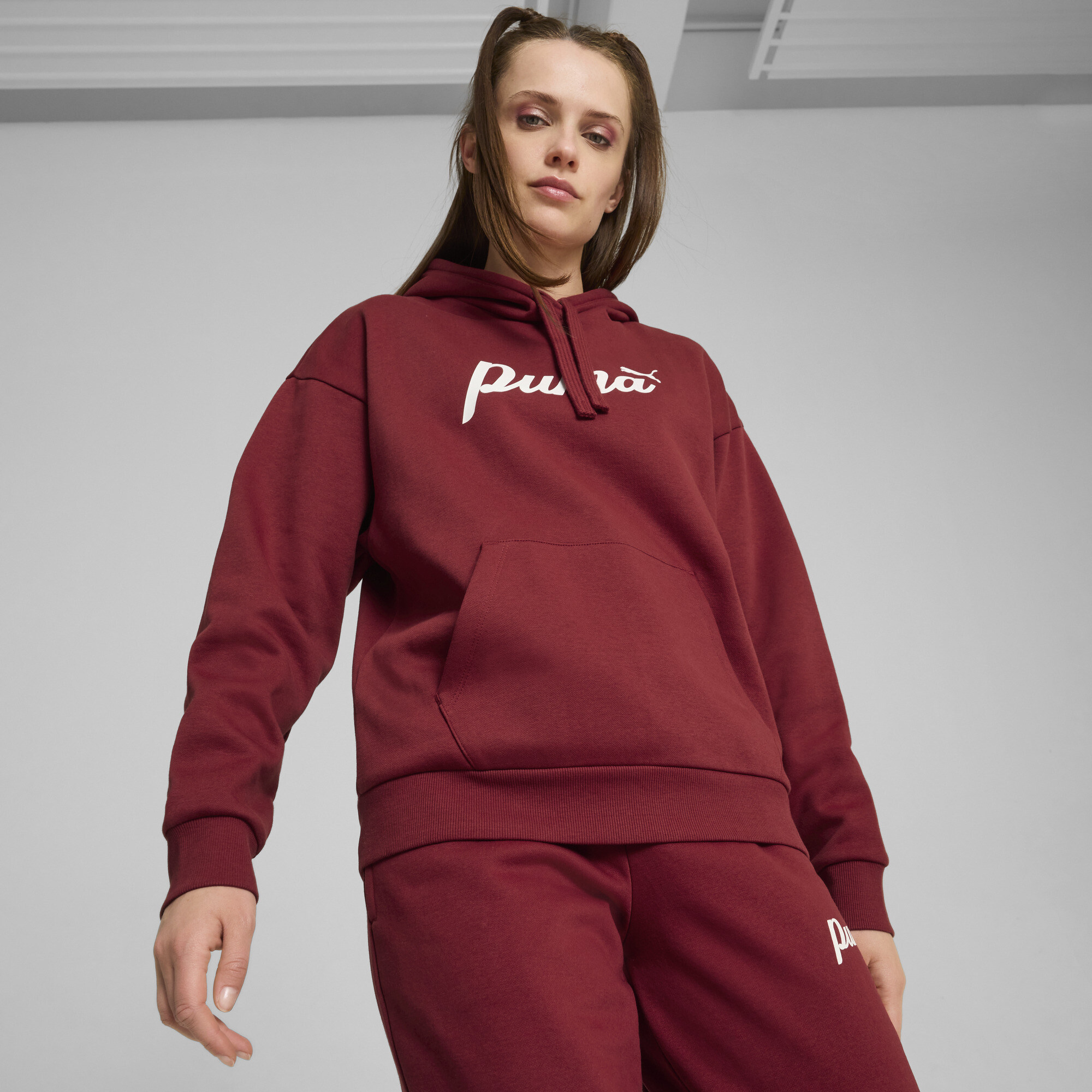 Puma ESS+ Script Hoodie Damen | Mit Print | Intense Red/White Rubber | Größe: XS