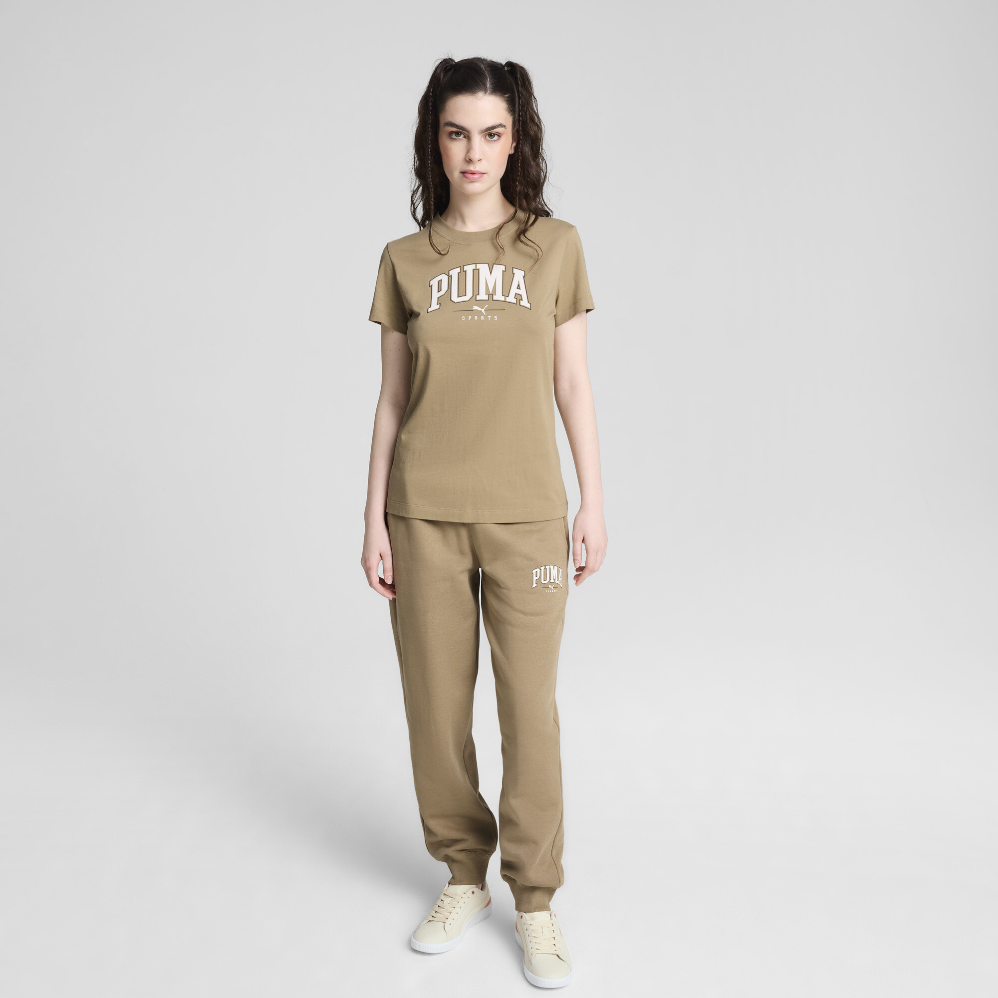 Women's Puma SQUAD Graphic T-Shirt, Beige, Size XS, Clothing