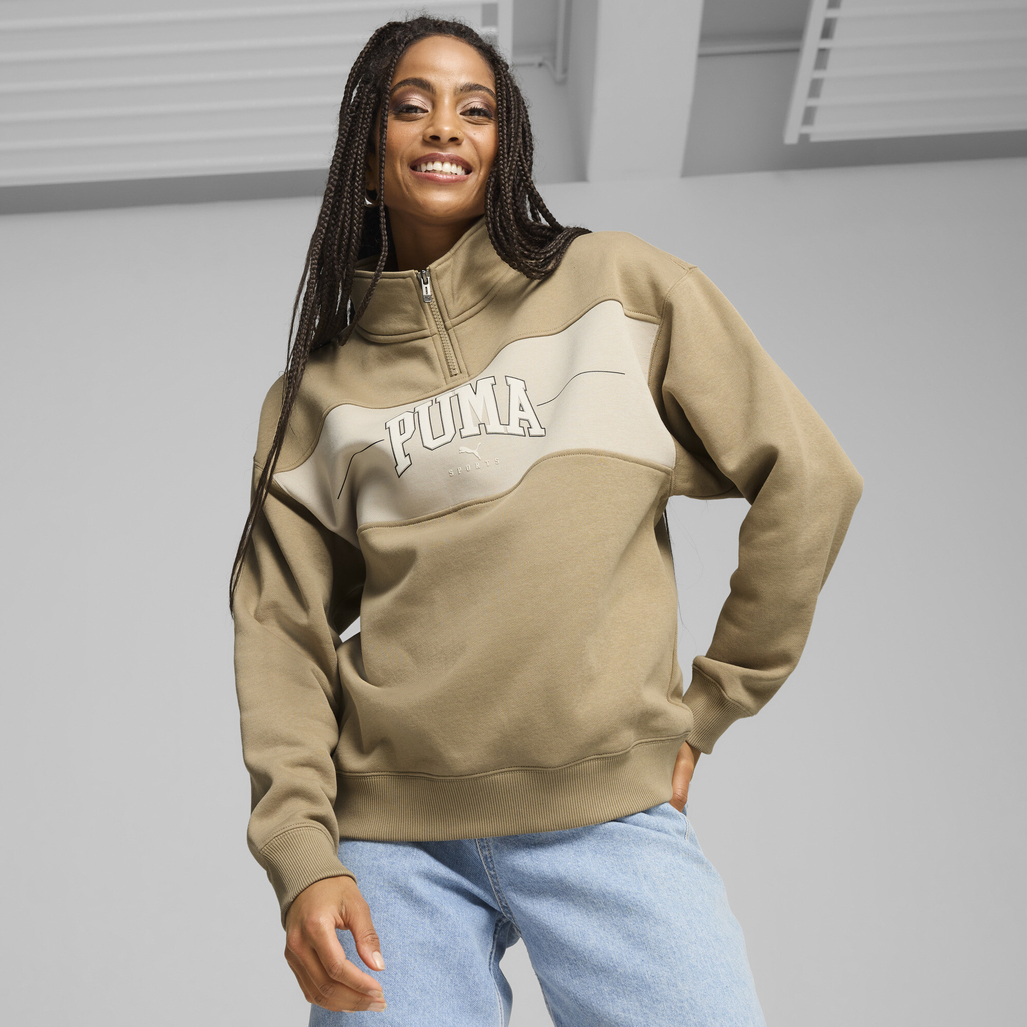 Women's Puma SQUAD Quarter-Zip Hoodie Top, Beige Top, Size XL Top, Clothing