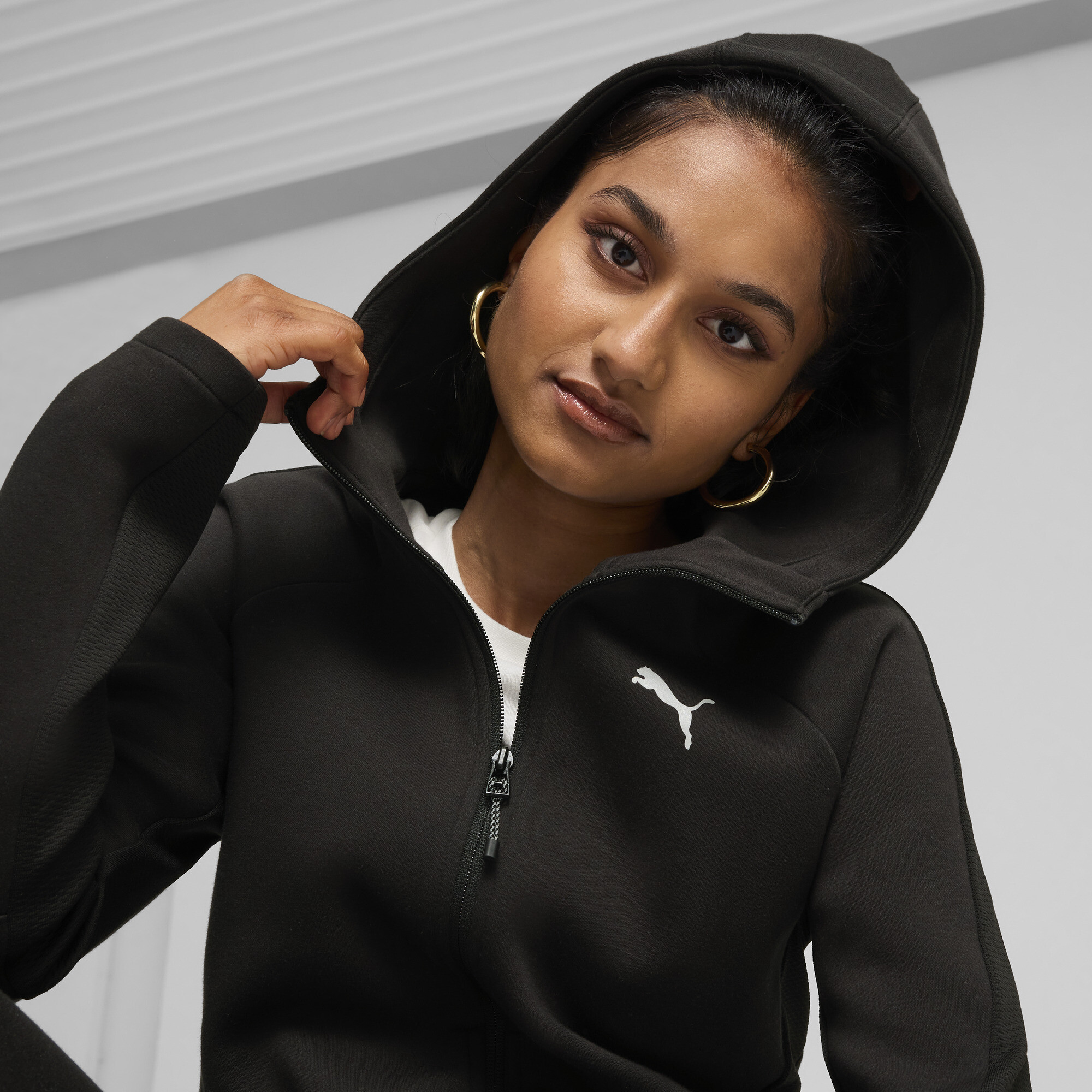 Women's Puma EVOSTRIPE Full-Zip Hoodie, Black, Size L, Clothing