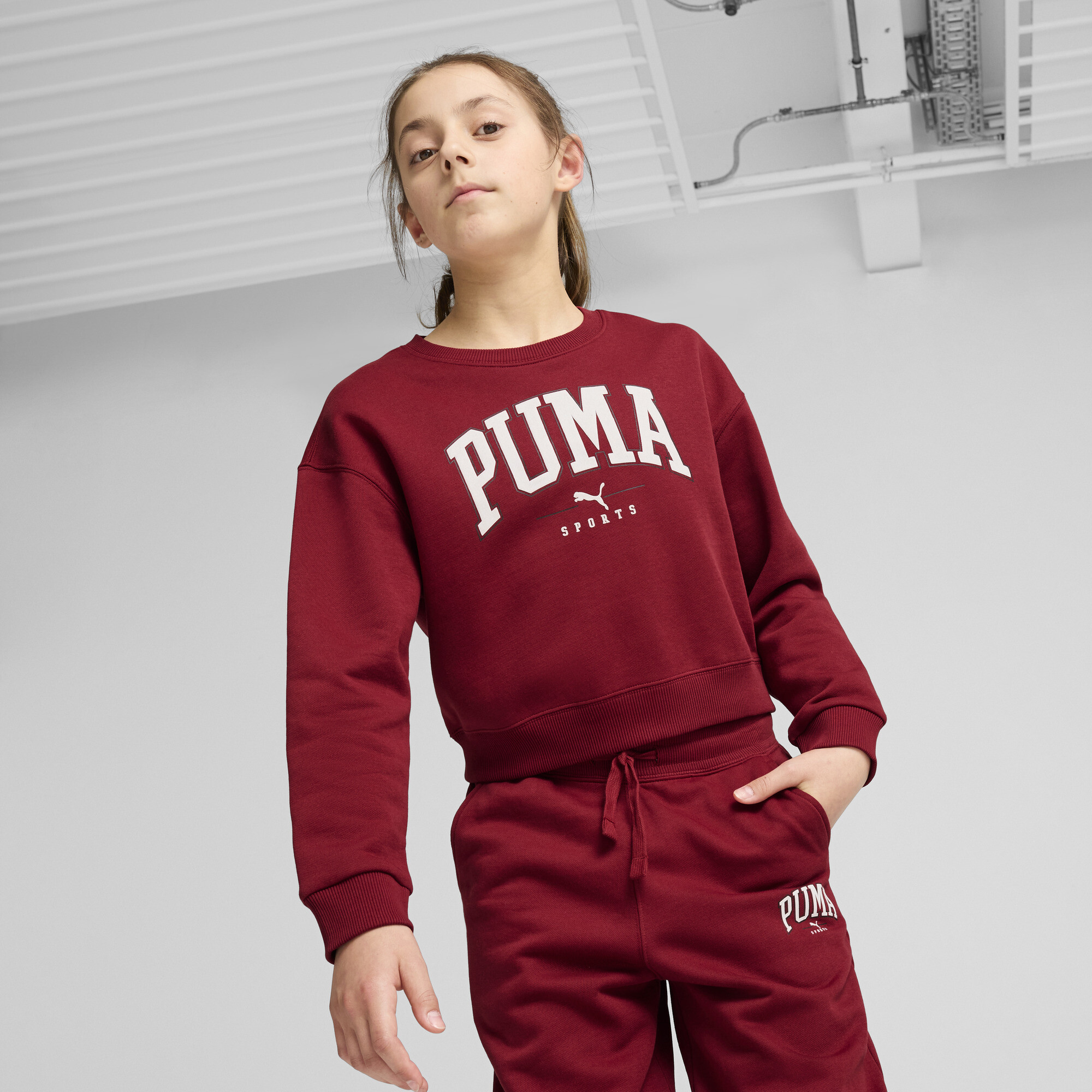 Women's Puma SQUAD Crew Shirt Sweat Youth, Red, Size 7-8Y, Clothing