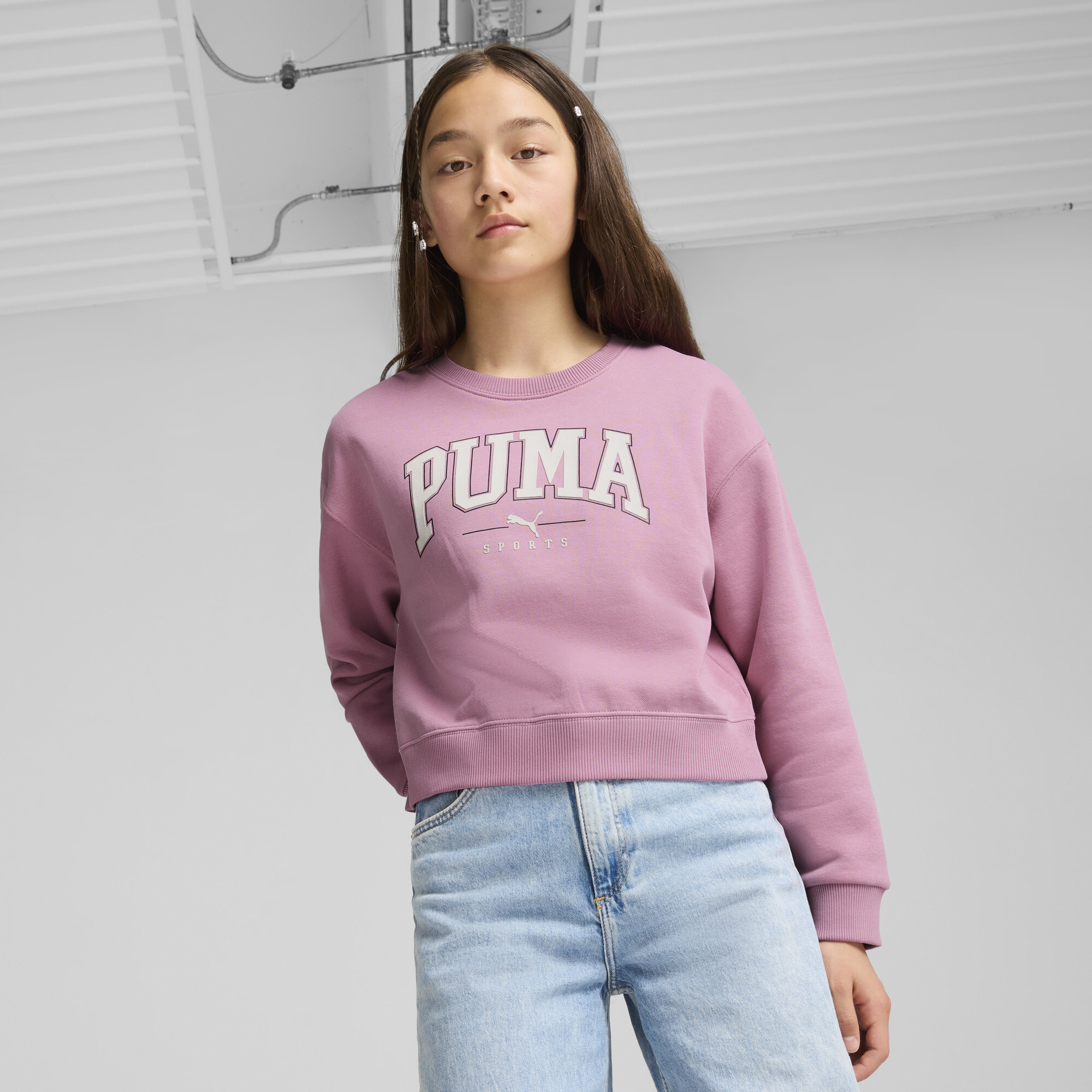 Women's Puma SQUAD Crew Shirt Sweat Youth, Pink, Size 7-8Y, Clothing