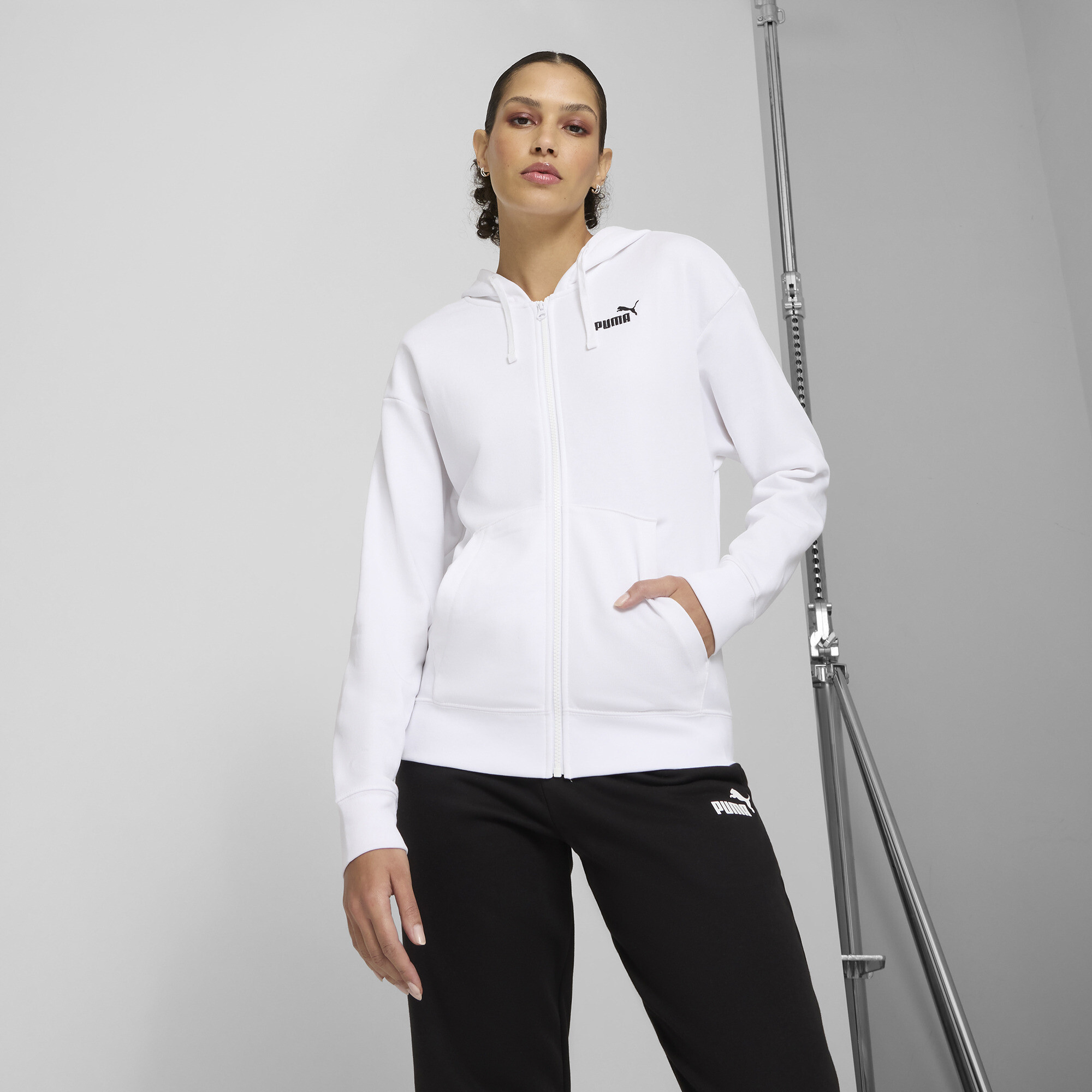 PUMA Essentials Small No. 1 Logo French Terry Women's Comfort Full-Zip Hoodie in White, Size L