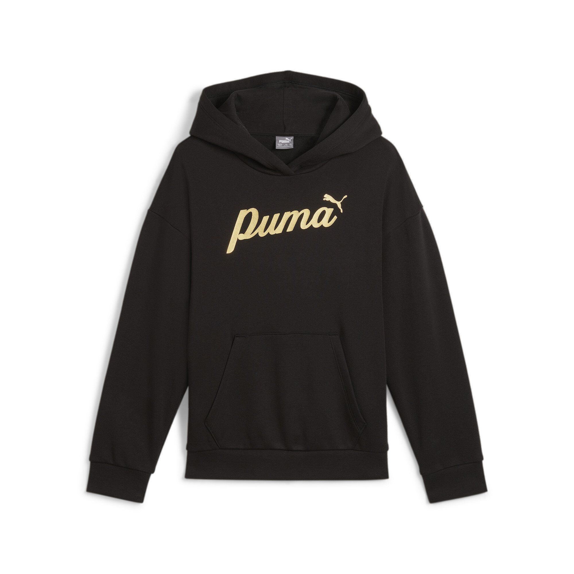 Puma ESS+ SCRIPT Hoodie Teenager Für Damen Für Kinder | Mit Print | Black/Gold Foil | Größe: 7-8Y