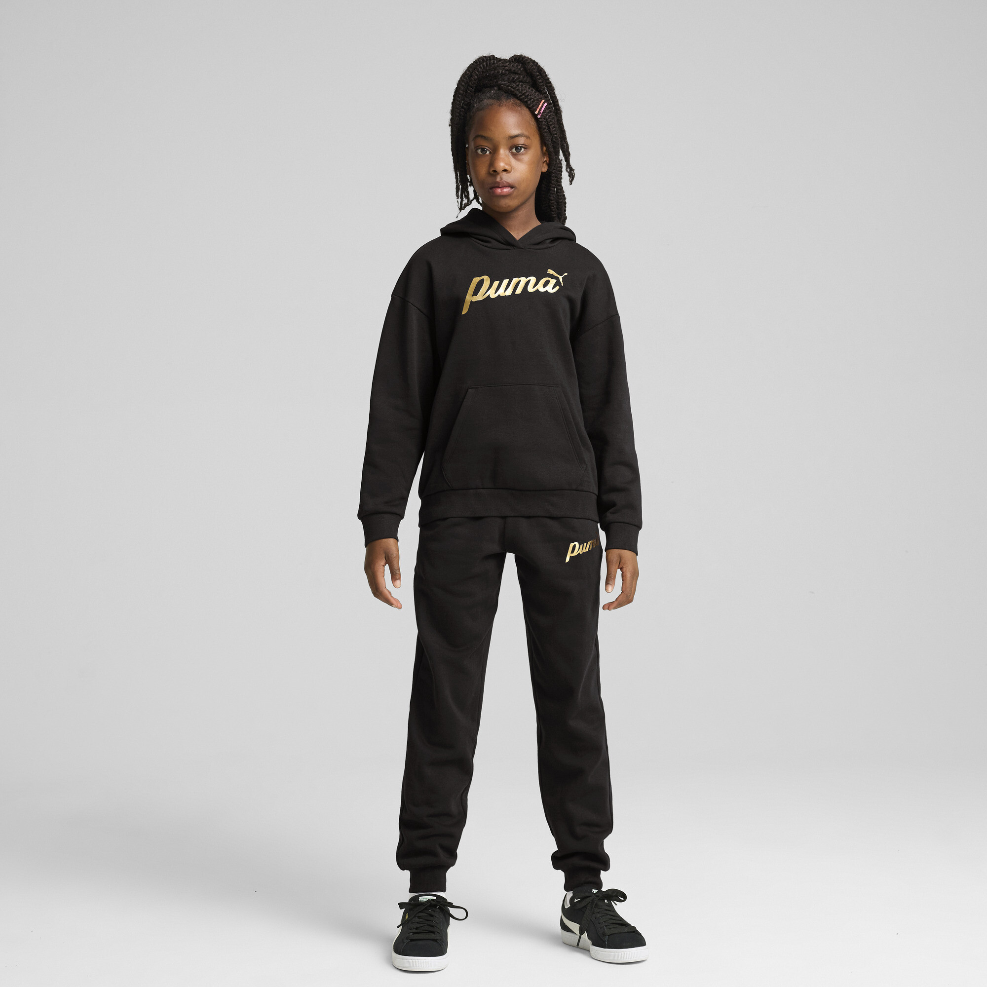 Women's Puma ESS+ SCRIPT Hoodie Youth, Black, Size 9-10Y, Clothing