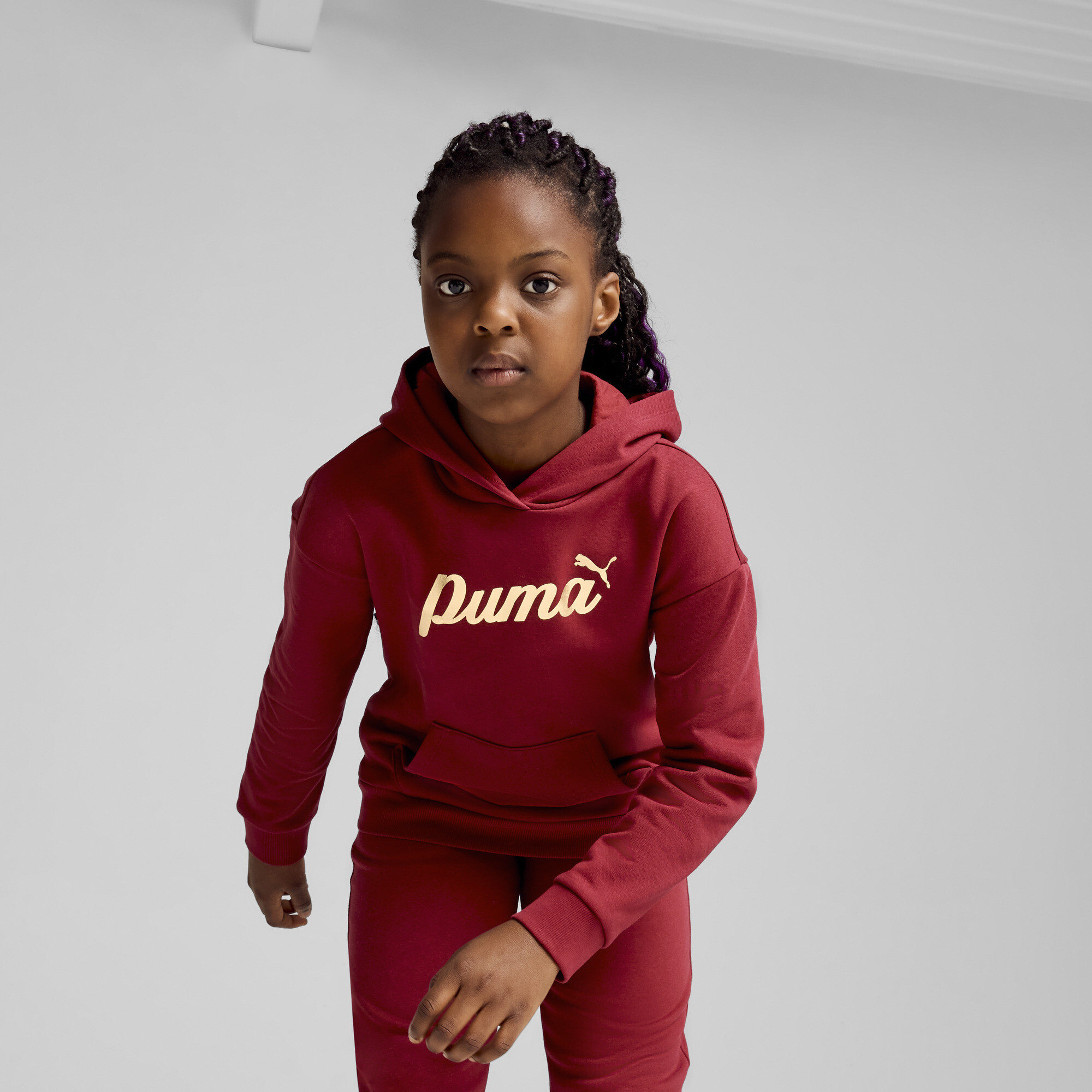 Women's Puma ESS+ SCRIPT Hoodie Youth, Red, Size 5-6Y, Clothing