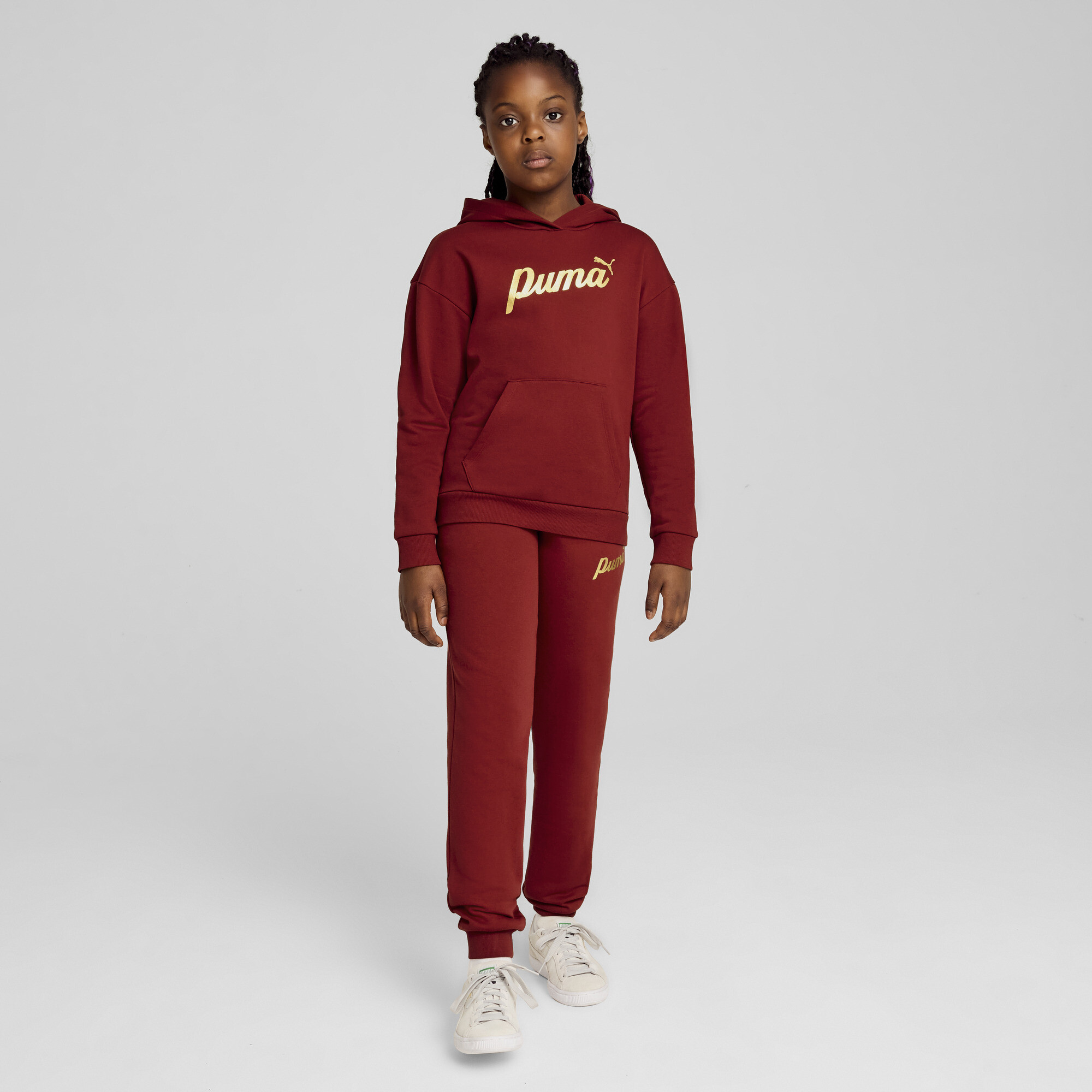 Women's Puma ESS+ SCRIPT Hoodie Youth, Red, Size 5-6Y, Clothing