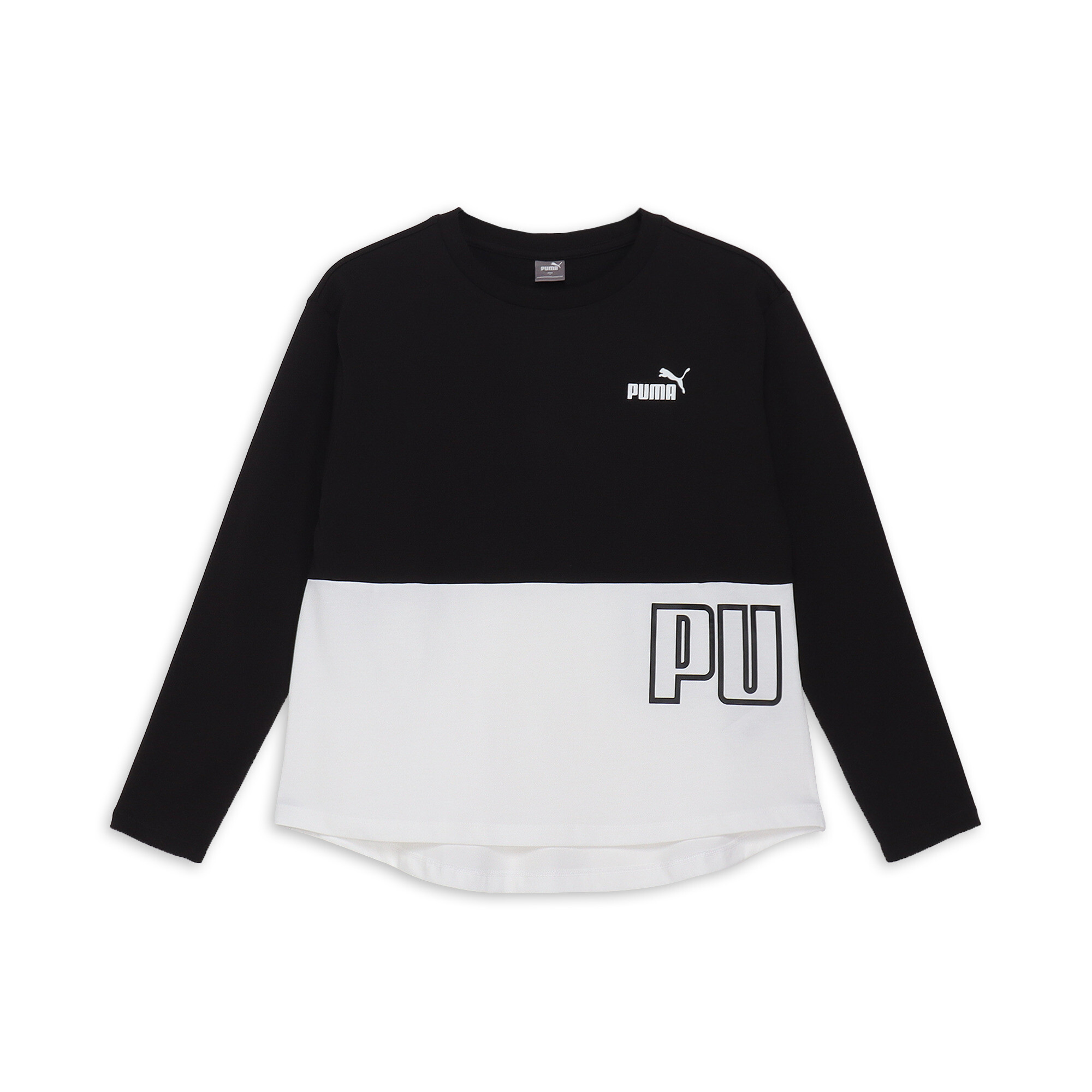 商品情報PUMAPOWERコレクションから、コットンポリエステル素材を使用した長袖Tシャツです。カラーブロックのデザインと左サイドに施したワードロゴが目を惹く一枚。アシンメトリーヘムでさりげなくヒップ