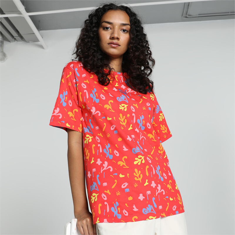 Women's PUMA Classics Printed Relaxed Fit Tee in Red size M