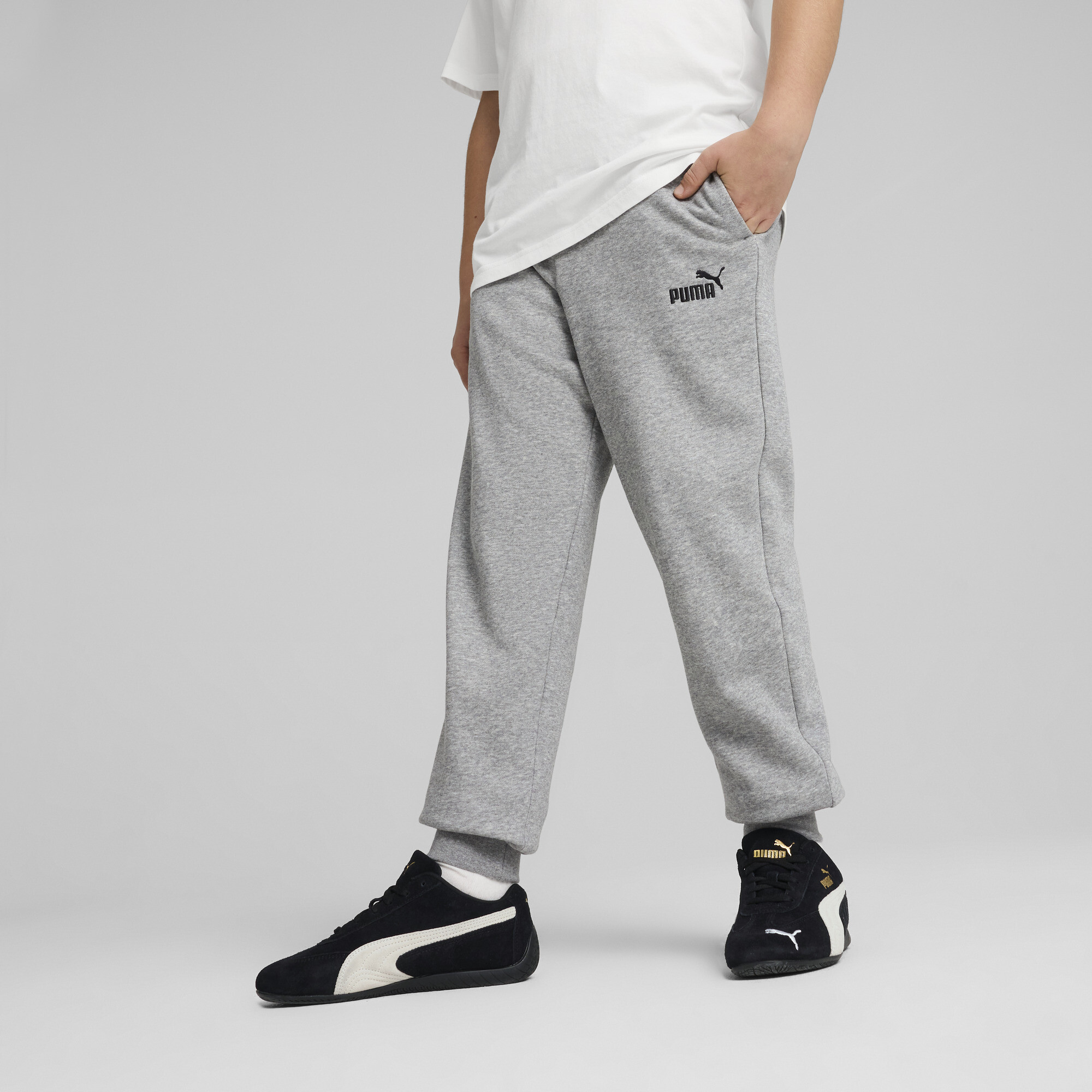PUMA ESS No. 1-logo fleece sweatpant voor Heren, Grijs, Maat 5-6Y thumbnail 4