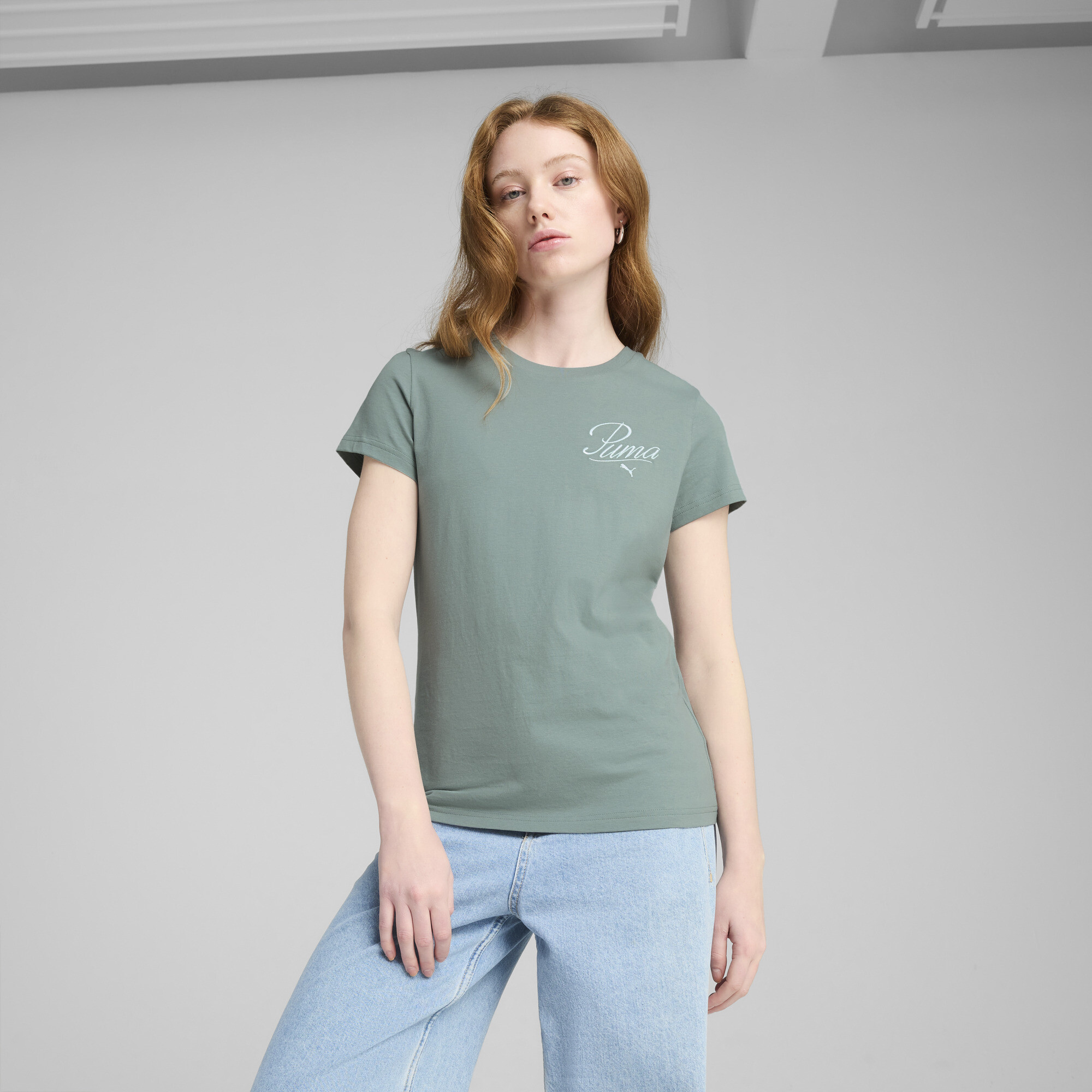 Puma ESS SCRIPT T-Shirt Damen | Mit Print | Green Moon | Größe: M