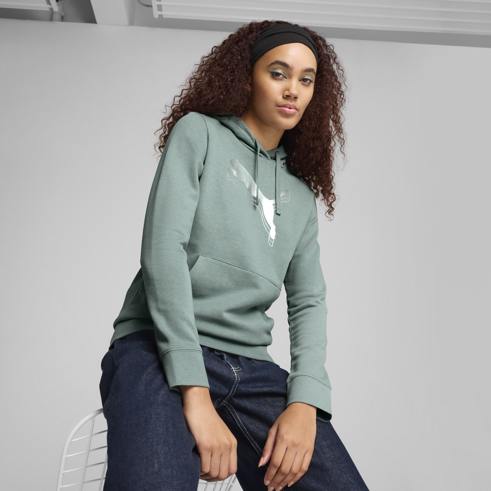 Puma ESS METALLIC Hoodie Damen | Mit Logo Print | Green Moon/Metallic Silver | Größe: L