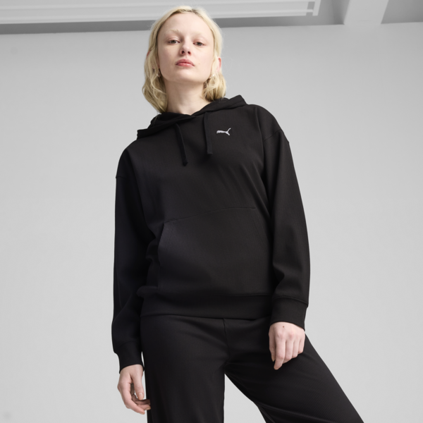 ESS ELEVATED Comfort Rib Hoodie Women, PUMA Black, large-ZAF