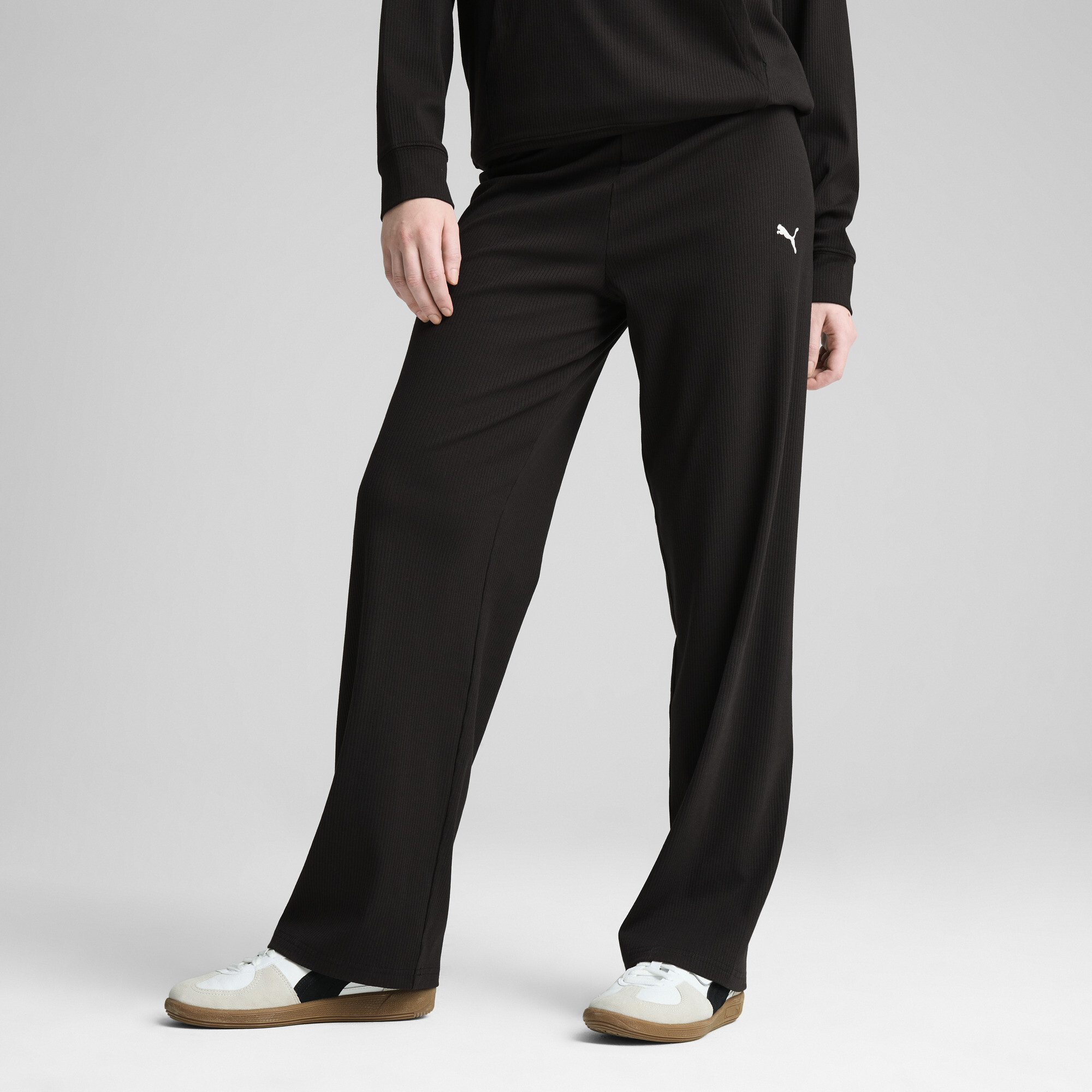 Puma Ess Elevated High-waist Straight Leg Rib Pants Women In Black