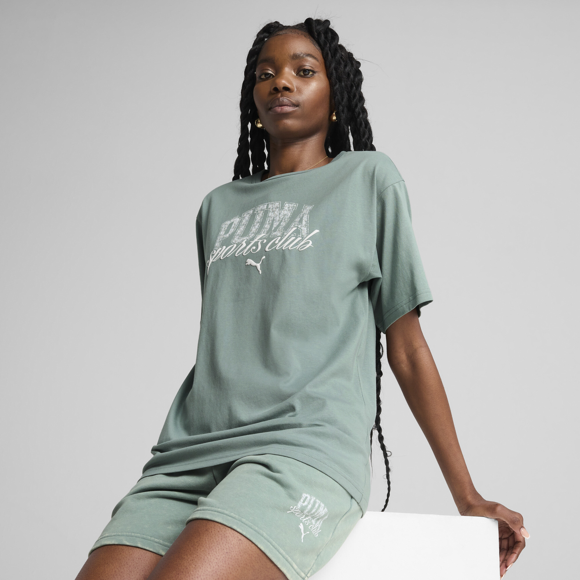 Puma CLASS Kurzes Relaxed Fit T-Shirt Damen | Mit Print | Green Moon | Größe: XS