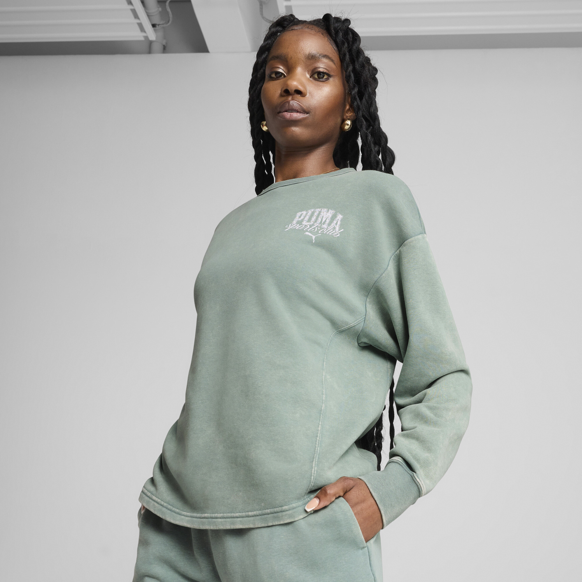 Puma CLASS Bequemer Crewneck mit Waschung Damen | Mit Print | Green Moon | Größe: L