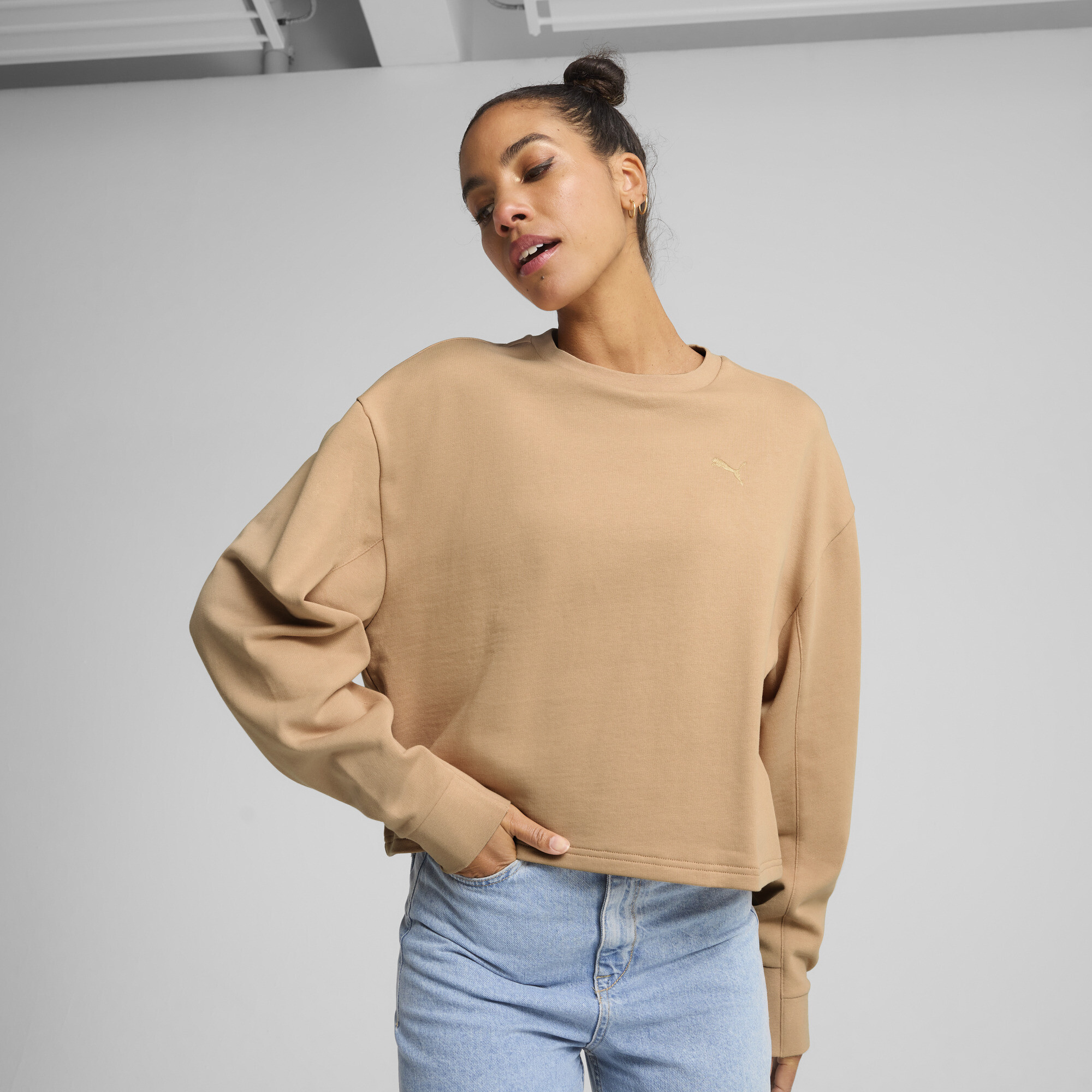 PUMA Her Women's Relaxed Crew Sweatshirt in Brown, Size S