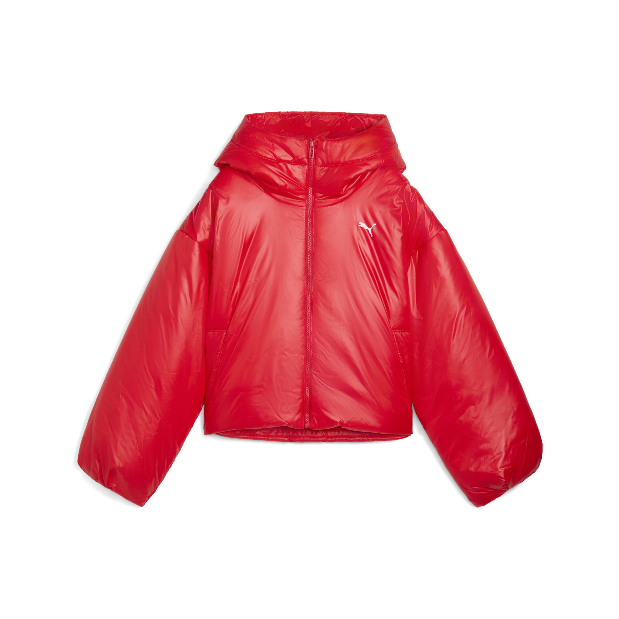 PUMA Wardrobe Essentials glanzende gewatteerde jas met capuchon voor Dames, Rood, Maat S thumbnail 3
