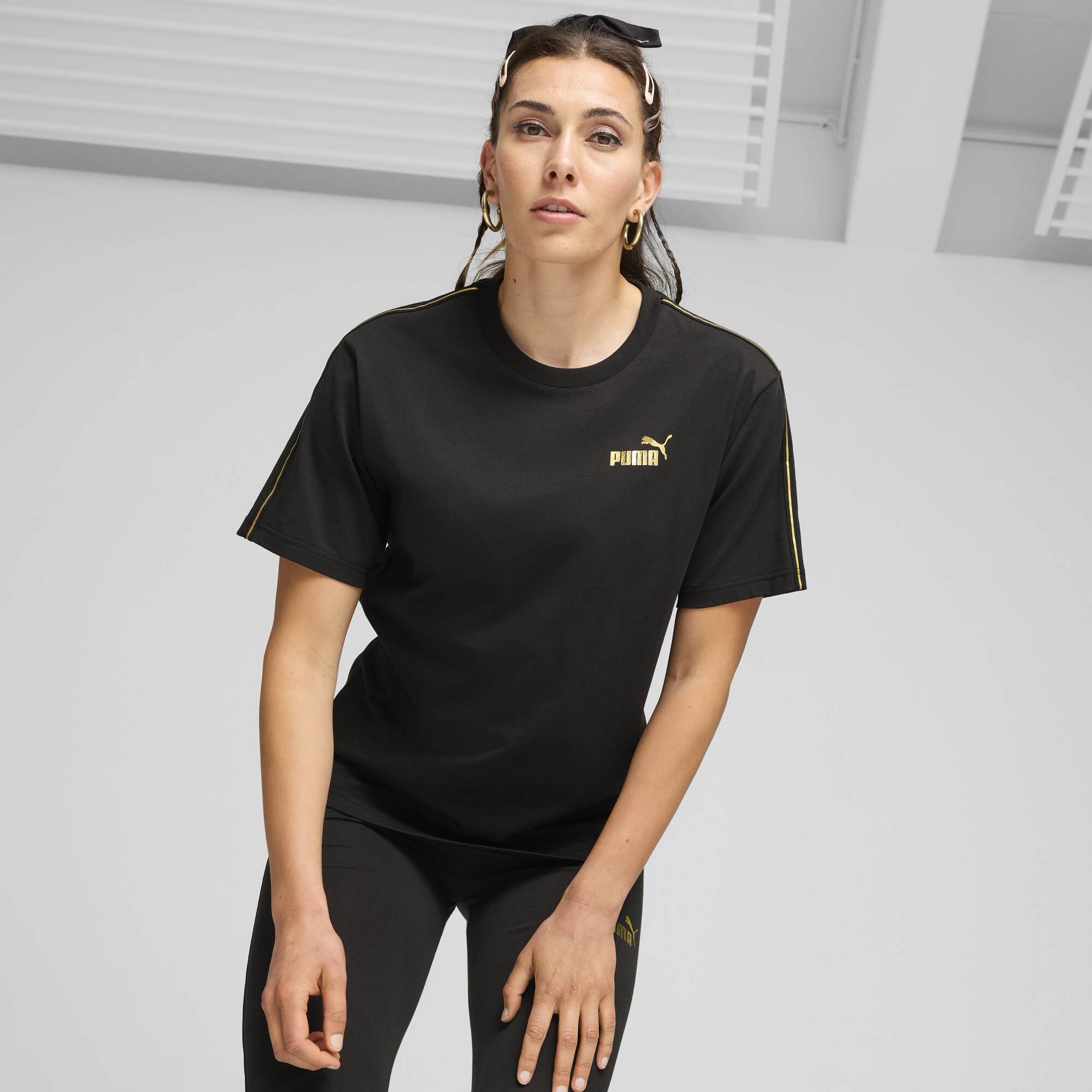 Women's Puma ESS TAPE MINIMAL GOLD T-Shirt, Black, Size S, Clothing