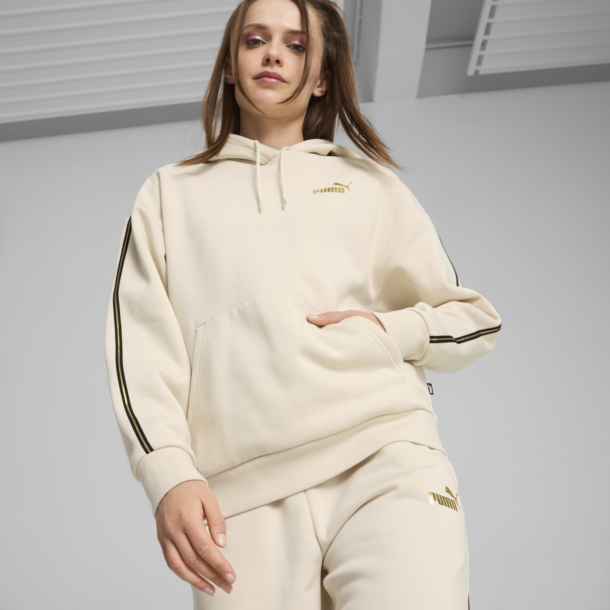 Women's Puma ESS TAPE MINIMAL GOLD Hoodie, White, Size S, Clothing