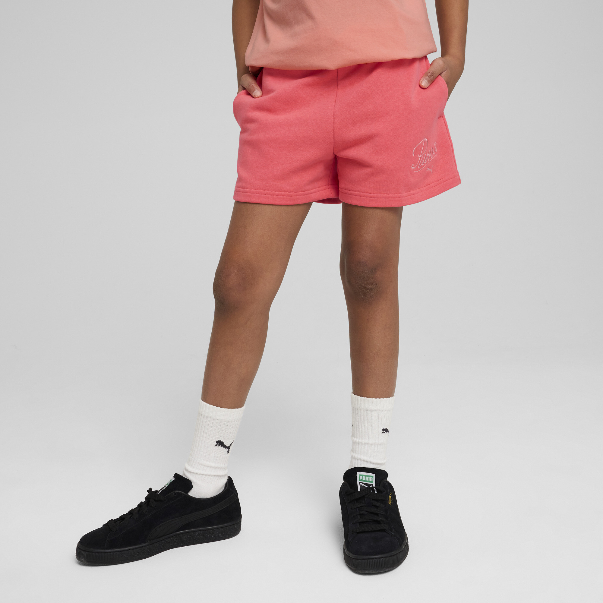 Puma Essentials Script Shorts Teenager Für Damen Für Kinder | Mit Print | Peach Frost | Größe: 9-10Y