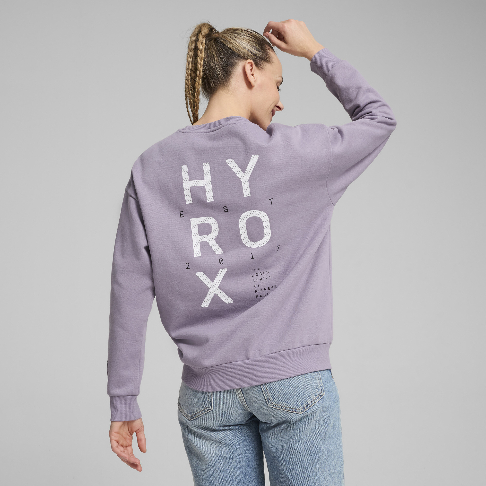 Women's Puma X HYROX Graphic Fleece Crew, Purple, Size L, Clothing