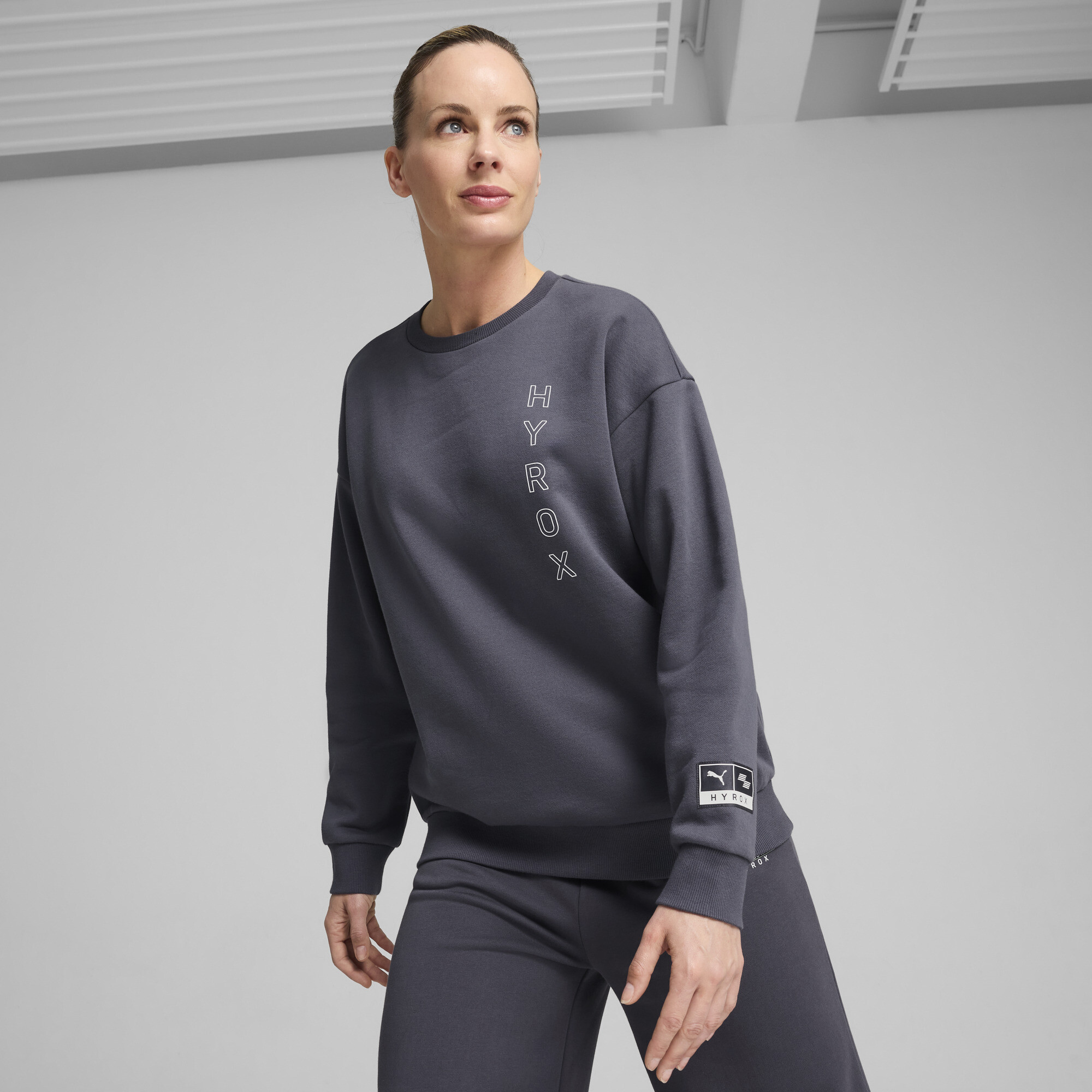 Women's Puma X HYROX Graphic Fleece Crew, Gray, Size XS, Clothing