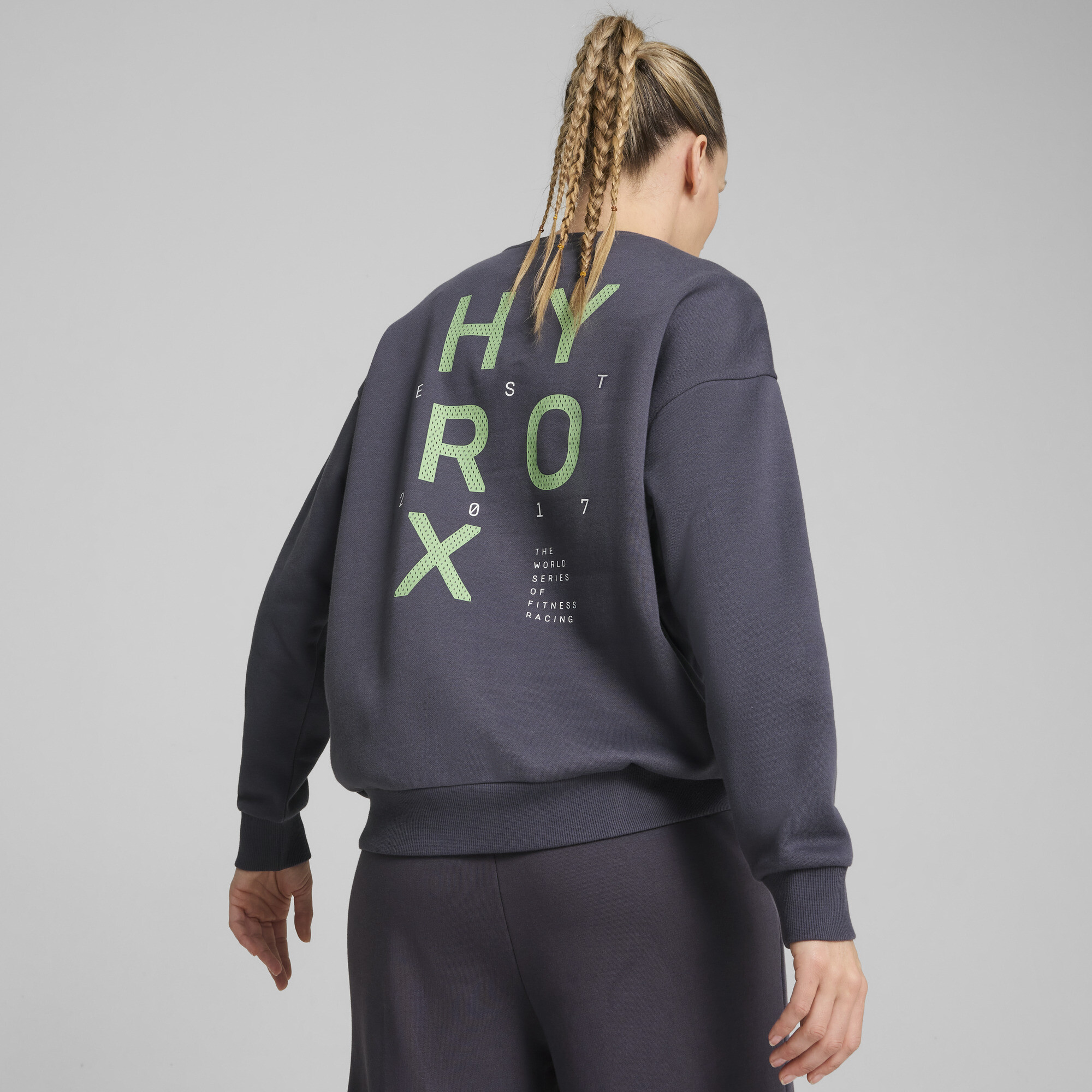 Women's Puma X HYROX Graphic Fleece Crew, Gray, Size XS, Clothing