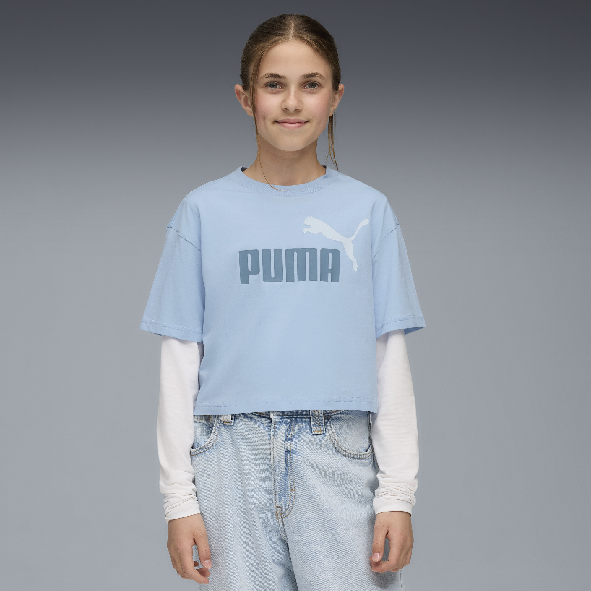 Essentials 2 kleuren No. 1 PUMA-logo cropped T-shirt voor Dames, Maat 9-10Y thumbnail 4