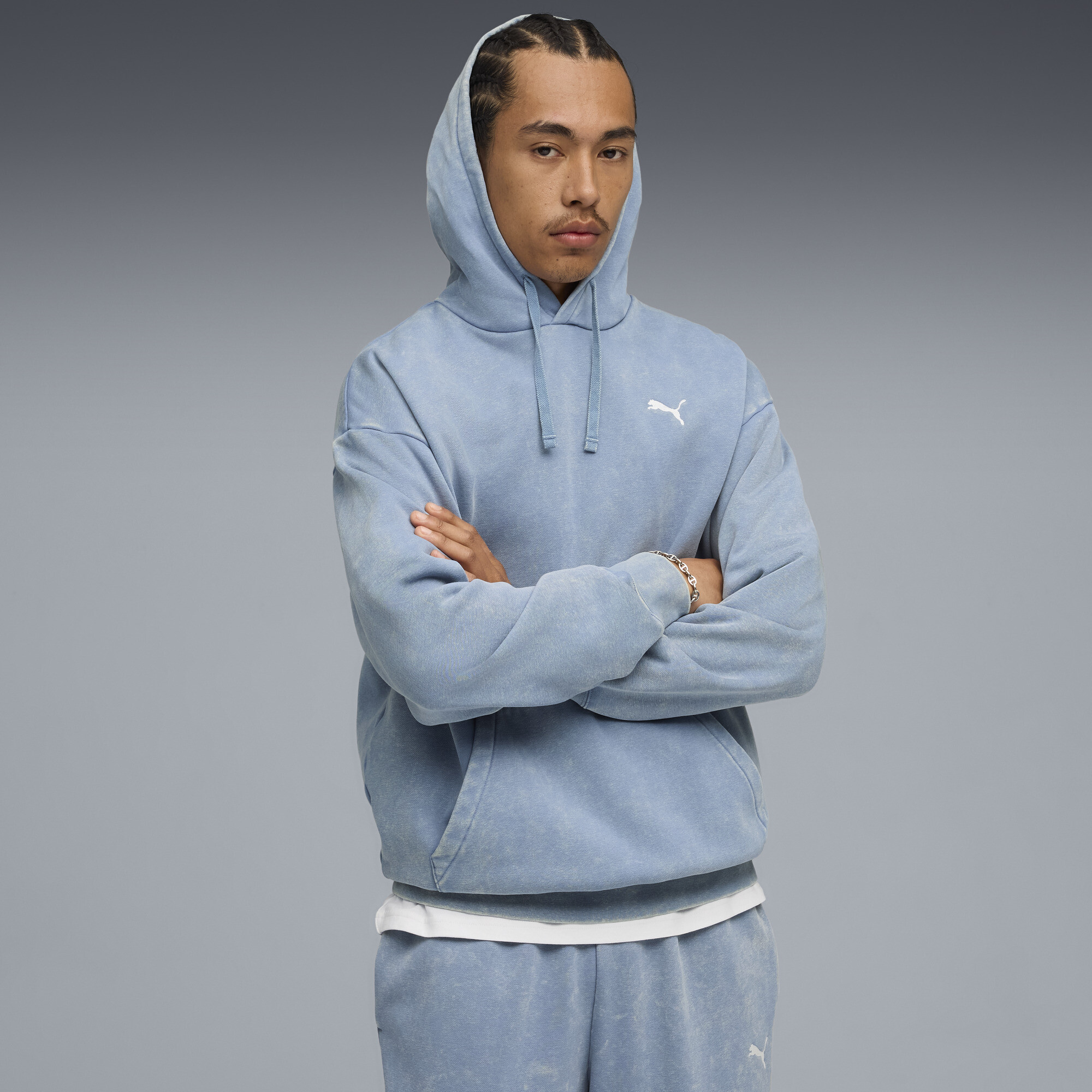 PUMA Elevated Essentials Acid Wash Men's Fleece Hoodie in Blue, Size XL