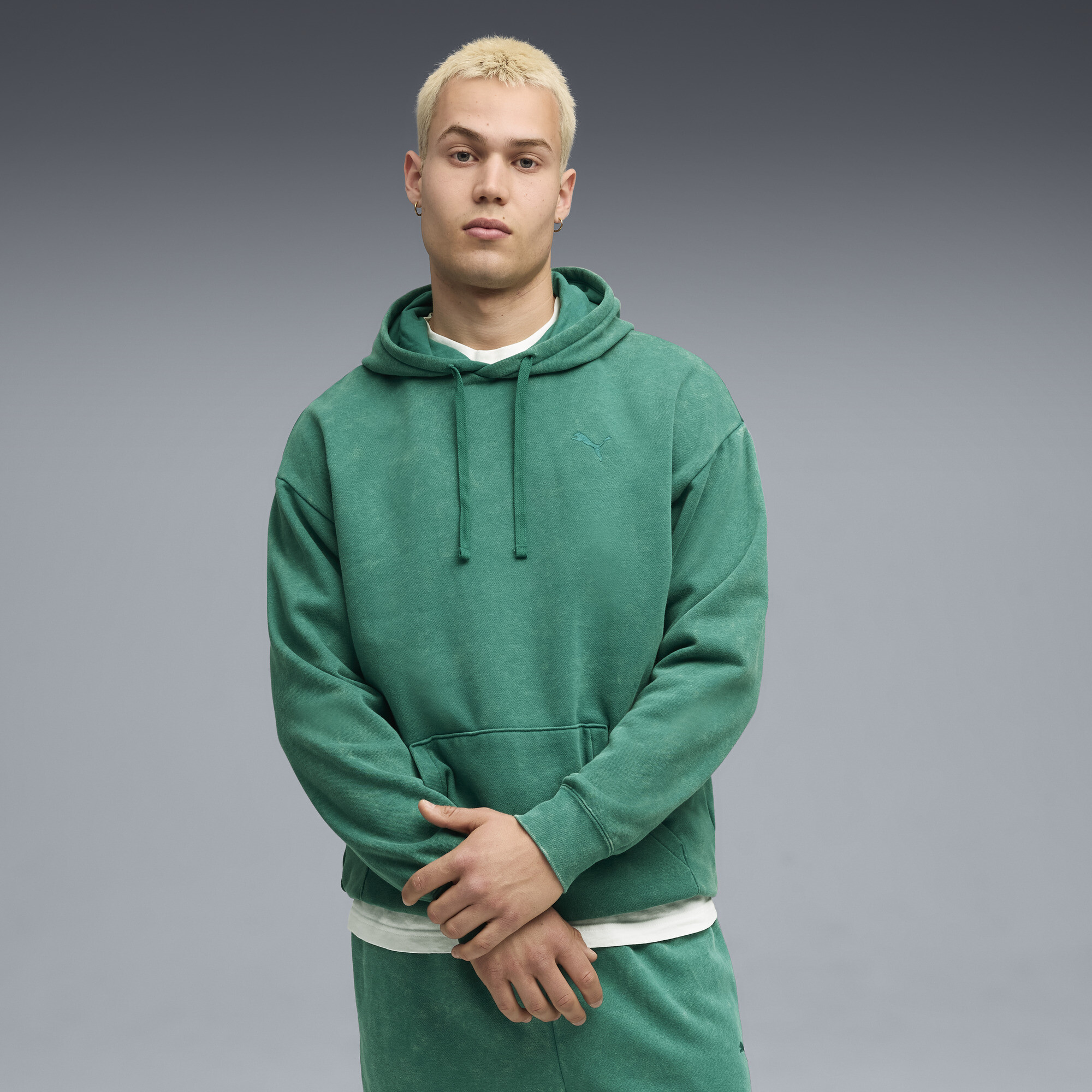 PUMA Elevated Essentials Acid Wash Men's Fleece Hoodie in Green, Size S