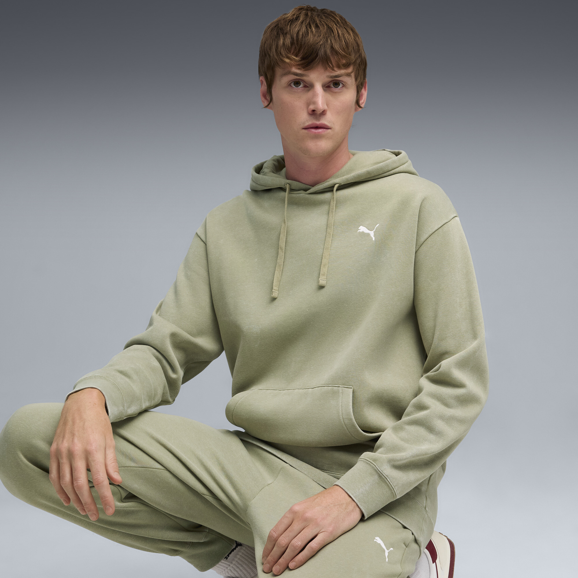 PUMA Elevated Essentials Acid Wash Men's Fleece Hoodie in Green, Size XXL