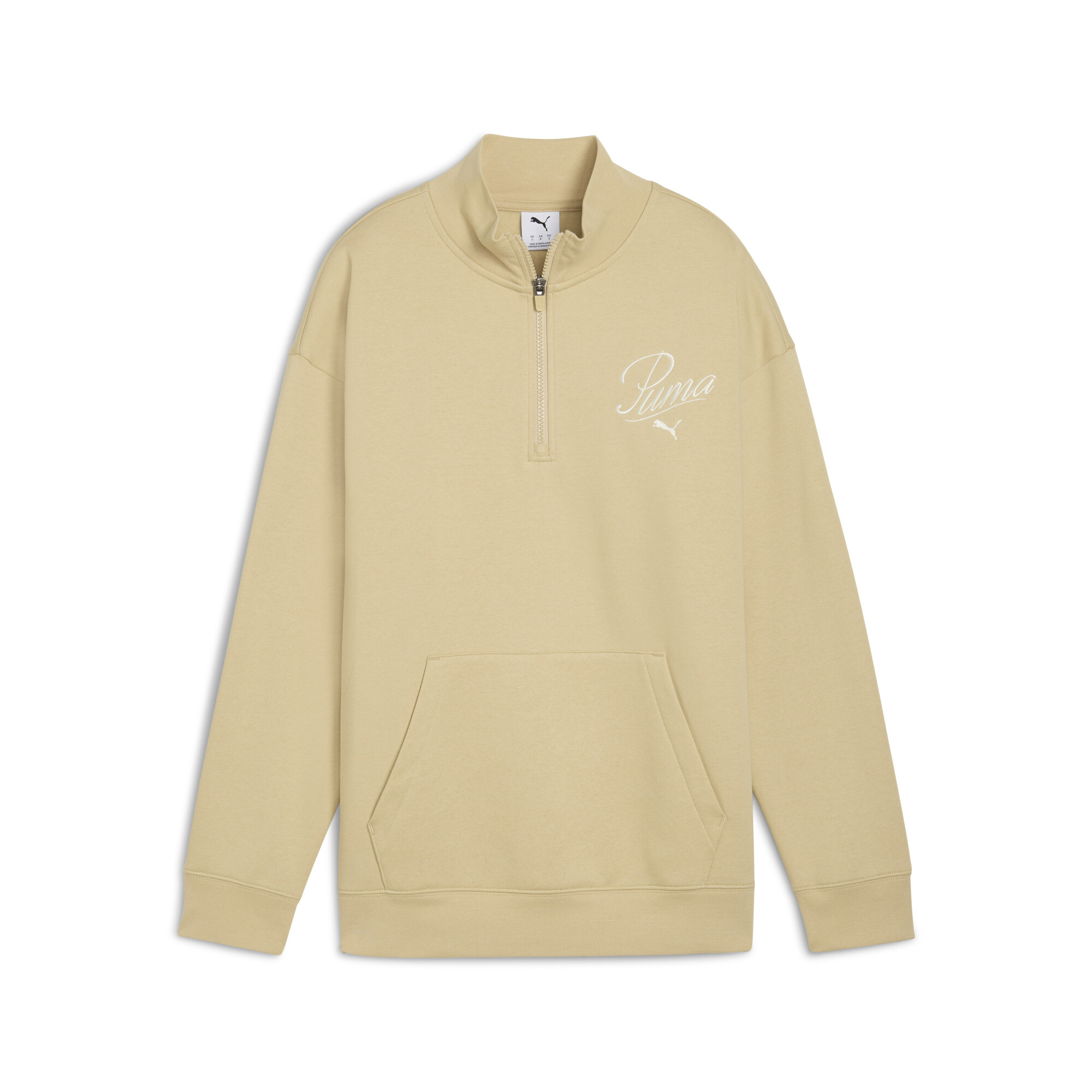 PUMA Essentials Script relaxte sweater met ronde hals, halve rits en hoge hals voor Dames, Beige, Maat XL thumbnail 3