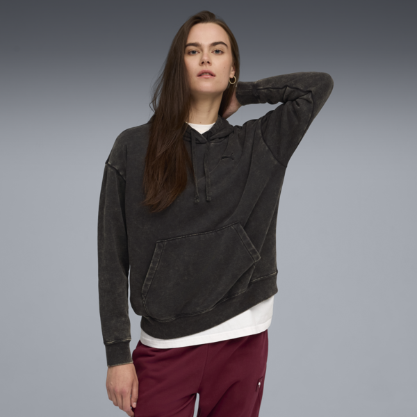 Essentials Elevated Relaxed Wash Hoodie Women, PUMA Black, large-ZAF
