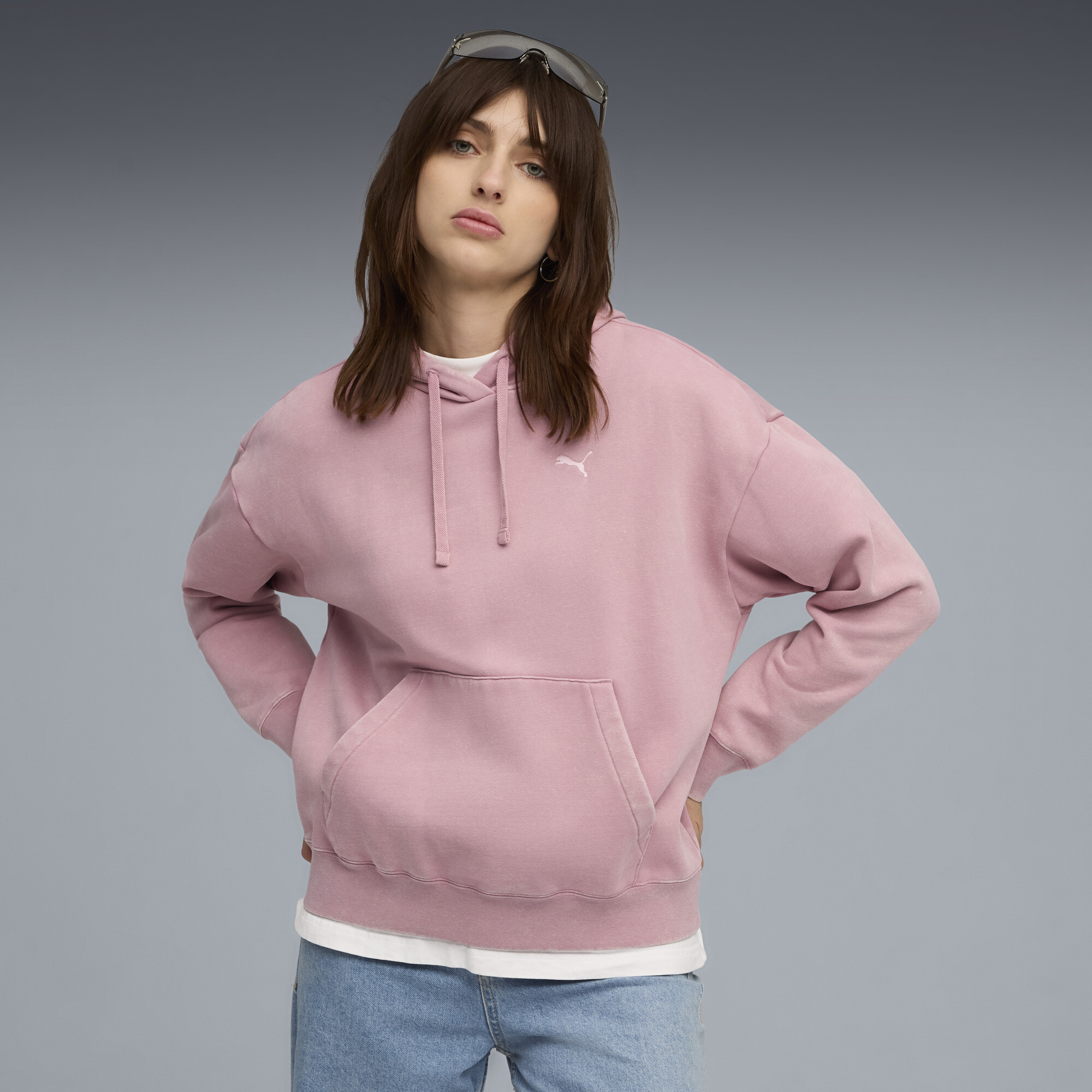 PUMA Elevated Essentials Acid Wash Women's Fleece Hoodie in Pink, Size L