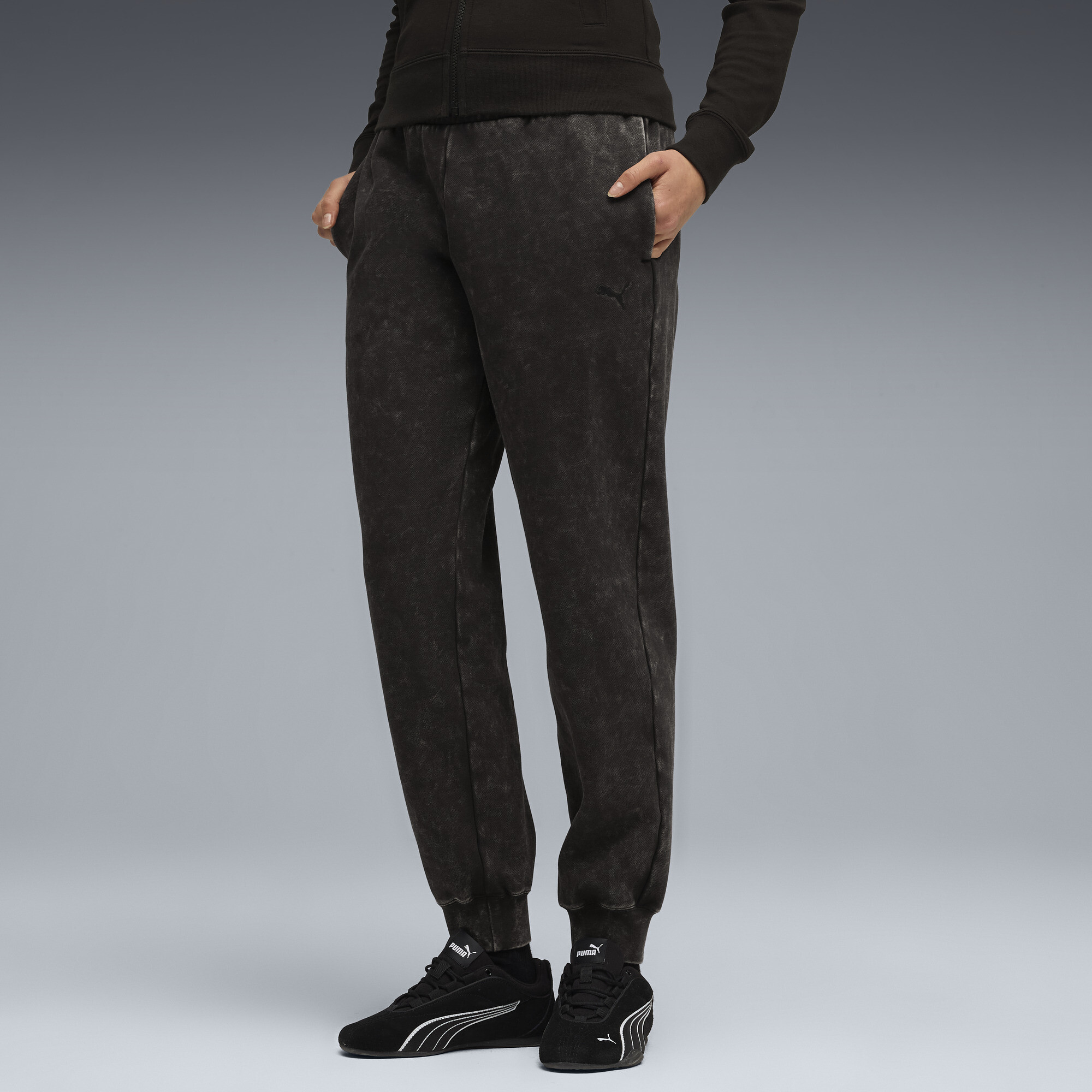 PUMA Elevated Essentials Acid Wash Women's Fleece Sweatpants in Black, Size S