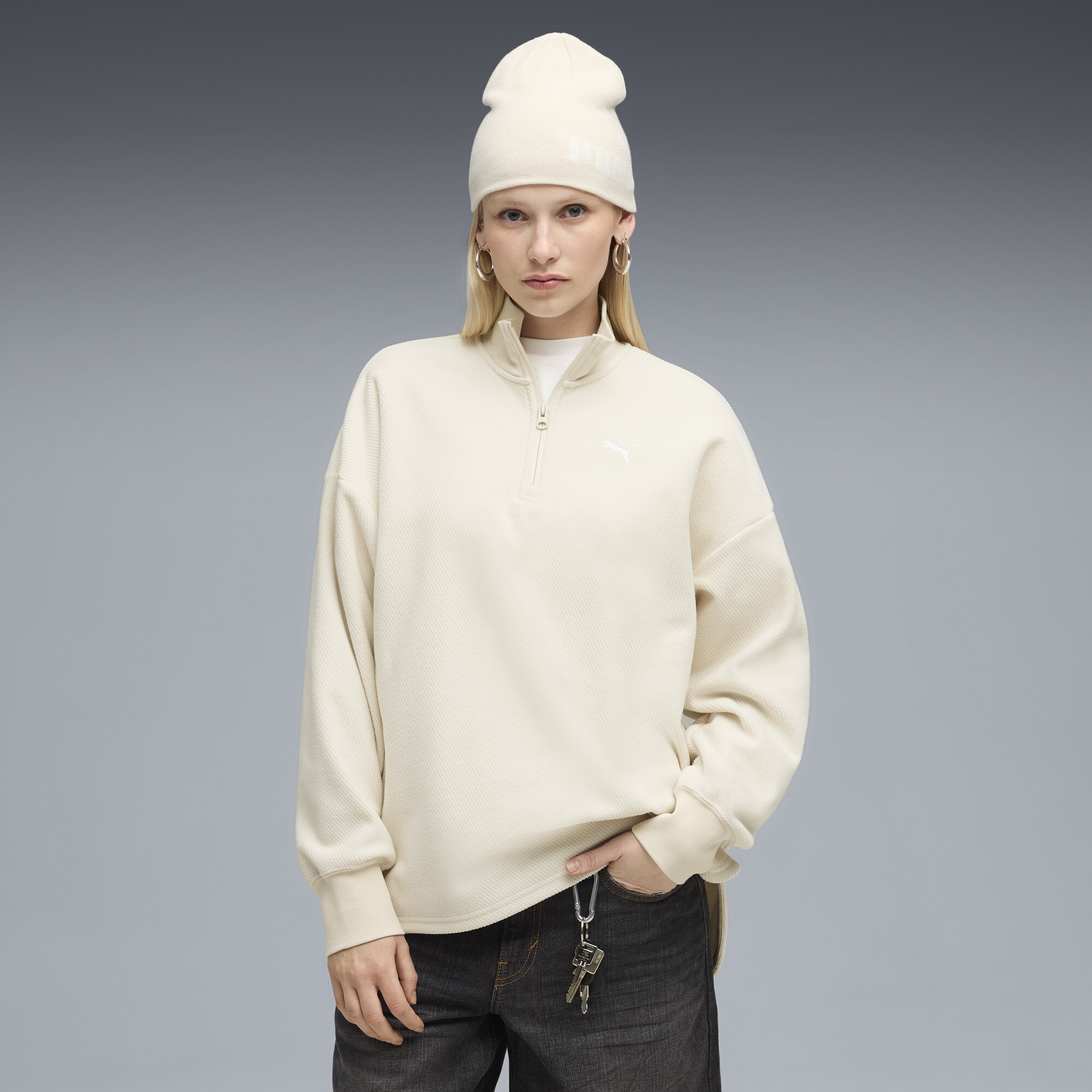 PUMA Her Women's Half-Zip Sweatshirt in White, Size M