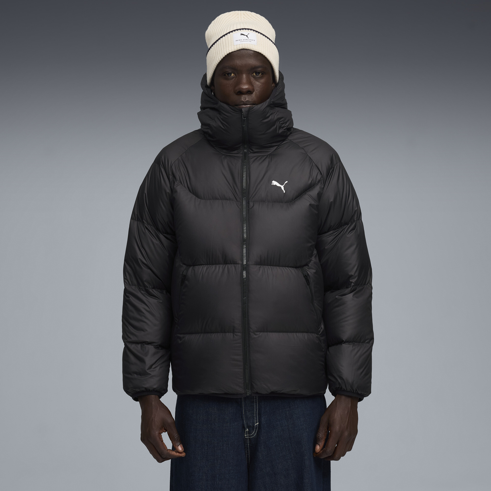 Chaqueta puffer de plumón con capucha para hombre