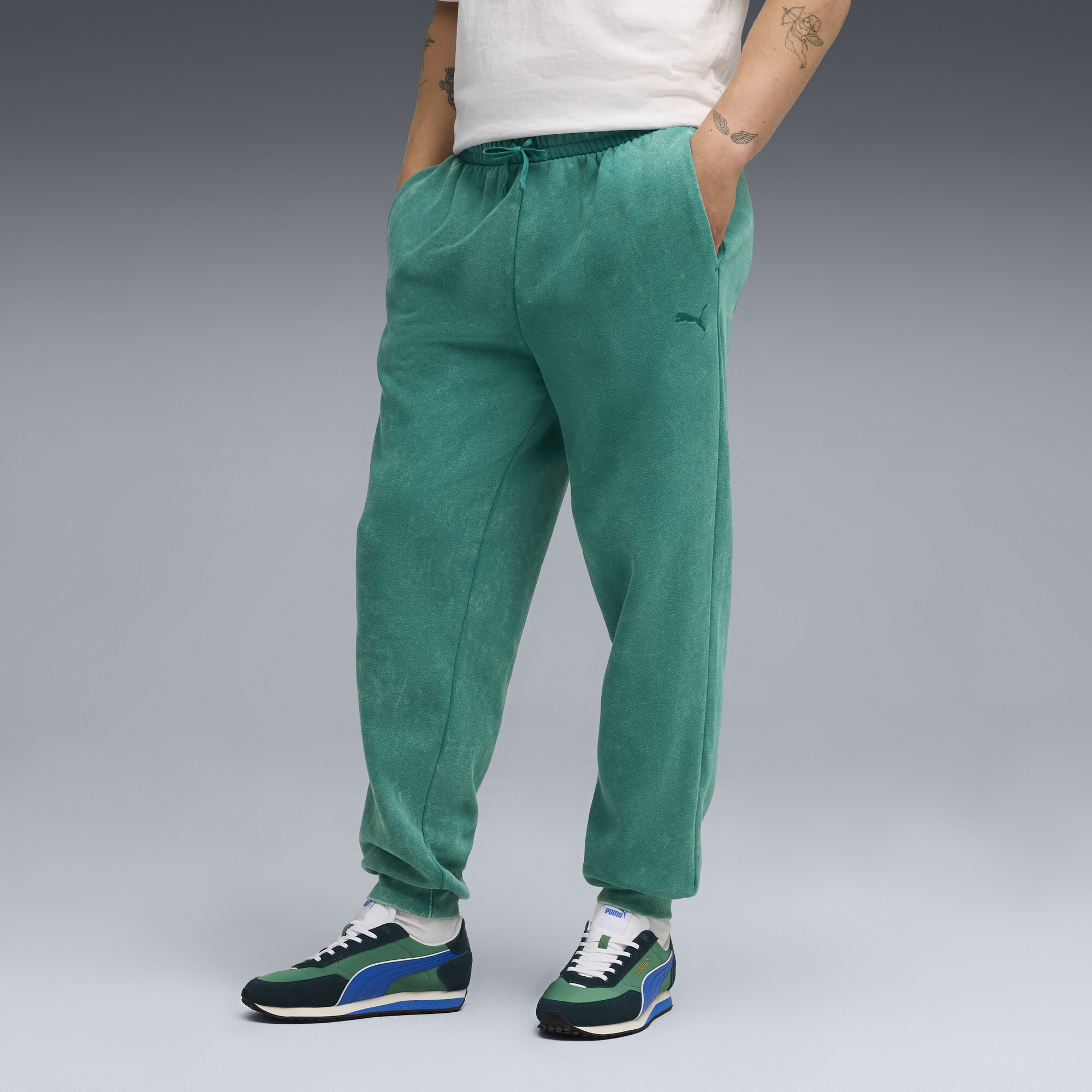 PUMA Elevated Essentials Acid Wash Men's Fleece Sweatpants in Green, Size XXL