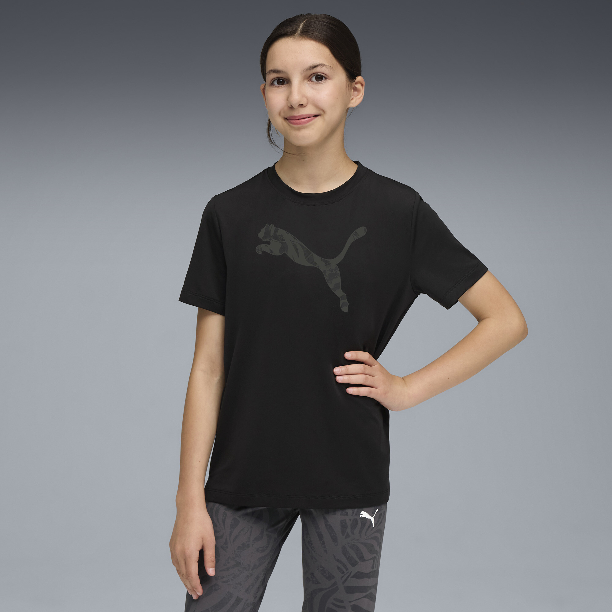 PUMA Train All Day Essentials Big Kids' Animal Print T-Shirt in Black, Size S